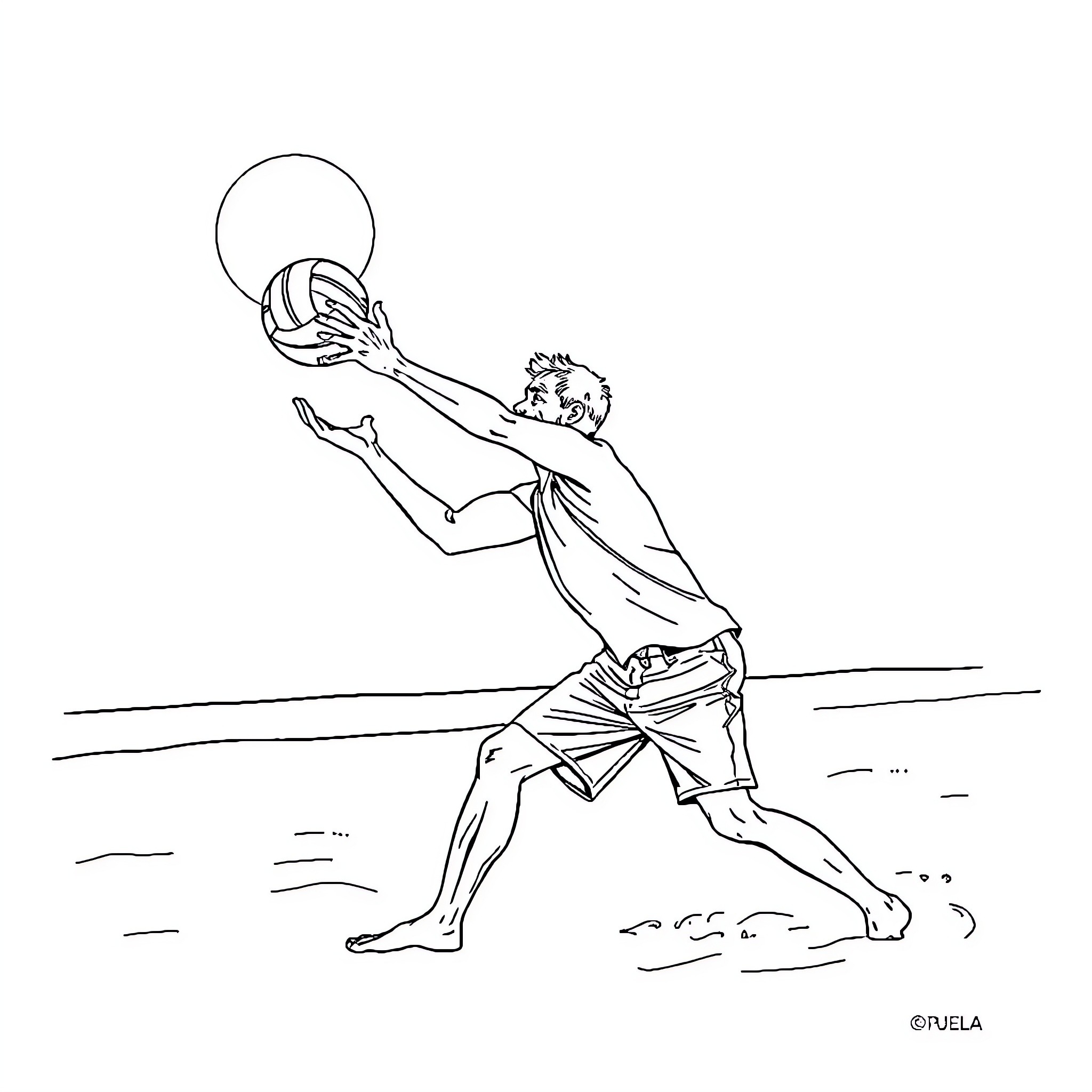Senior volleyball player preparing for a spike Coloring Page (free black-and-white line drawing printable PDF for all, from beginners to advanced learners, including children, teens, adults, and seniors)