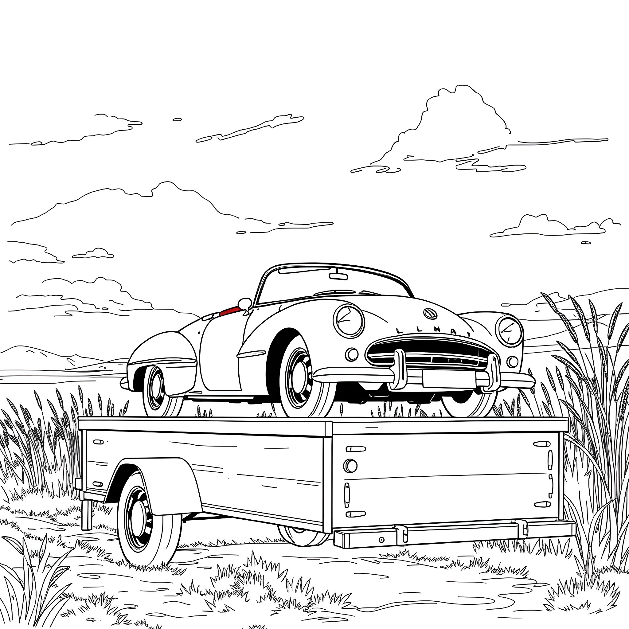 Car on Trailer in Countryside Landscape Coloring Page (free black-and-white line drawing printable PDF for all, from beginners to advanced learners, including children, teens, adults, and seniors)