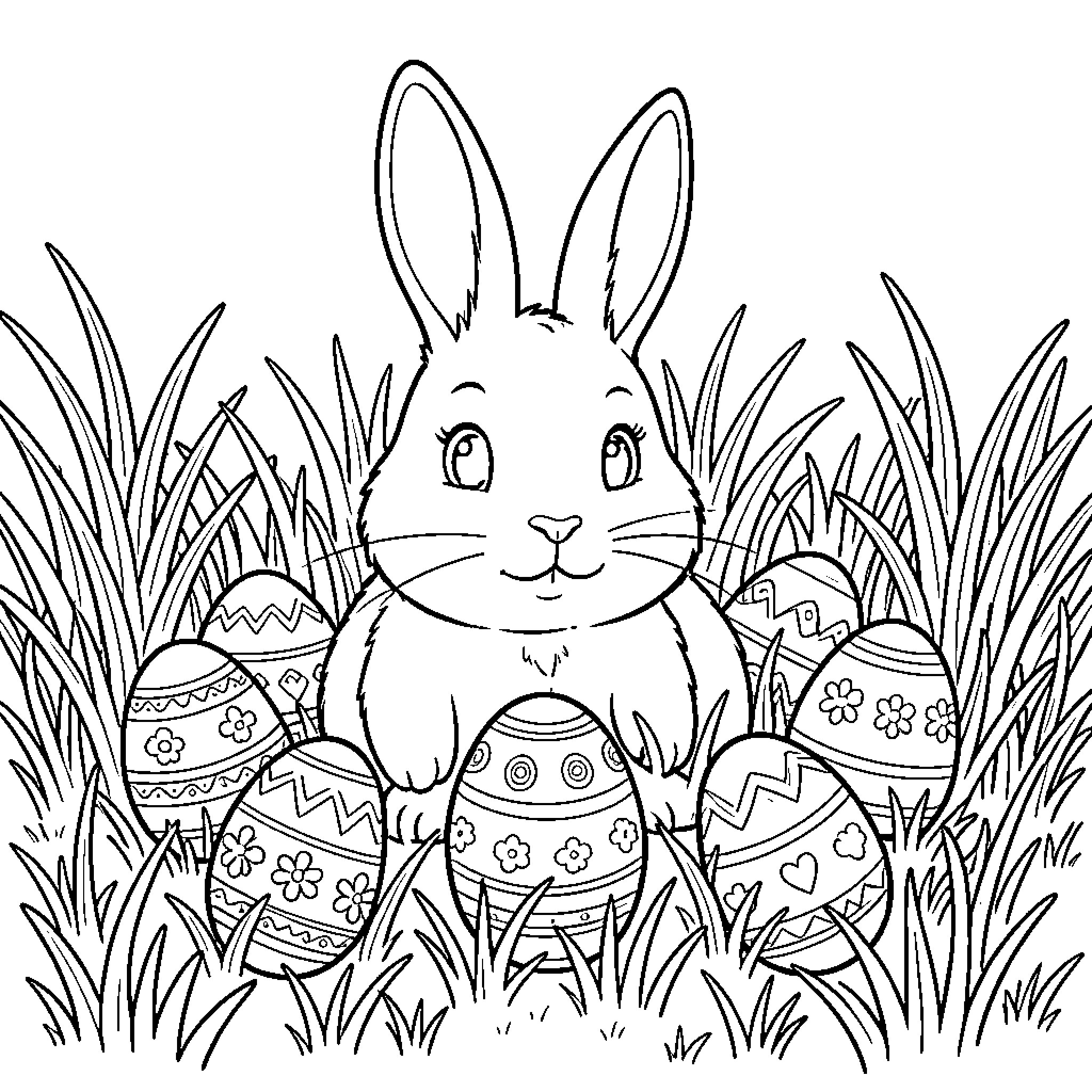 Easter Bunny decorating colorful Easter eggs in the grass Coloring Page (free black-and-white line drawing printable PDF for all, from beginners to advanced learners, including children, teens, adults, and seniors)
