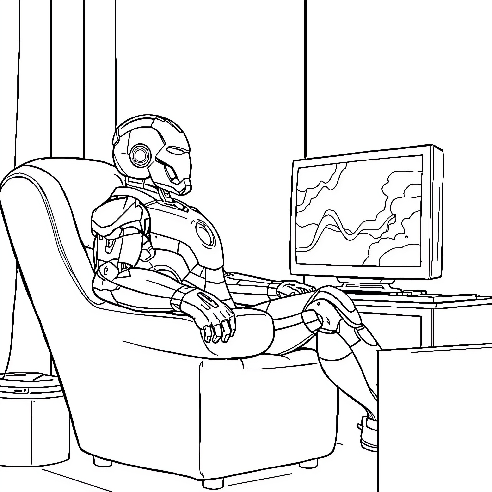 Ironman relaxing and using computer in futuristic room Coloring Page (free black-and-white line drawing printable PDF for all, from beginners to advanced learners, including children, teens, adults, and seniors)