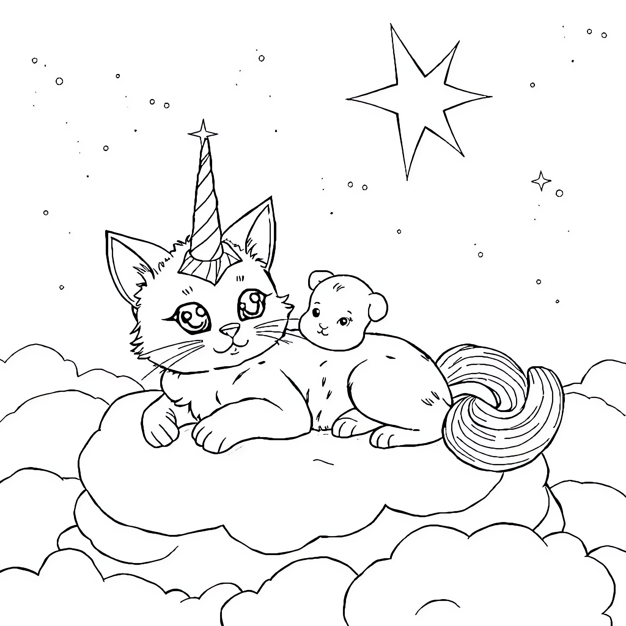 Unicorn kitten resting on a cloud under the stars Coloring Page (free black-and-white line drawing printable PDF for all, from beginners to advanced learners, including children, teens, adults, and seniors)