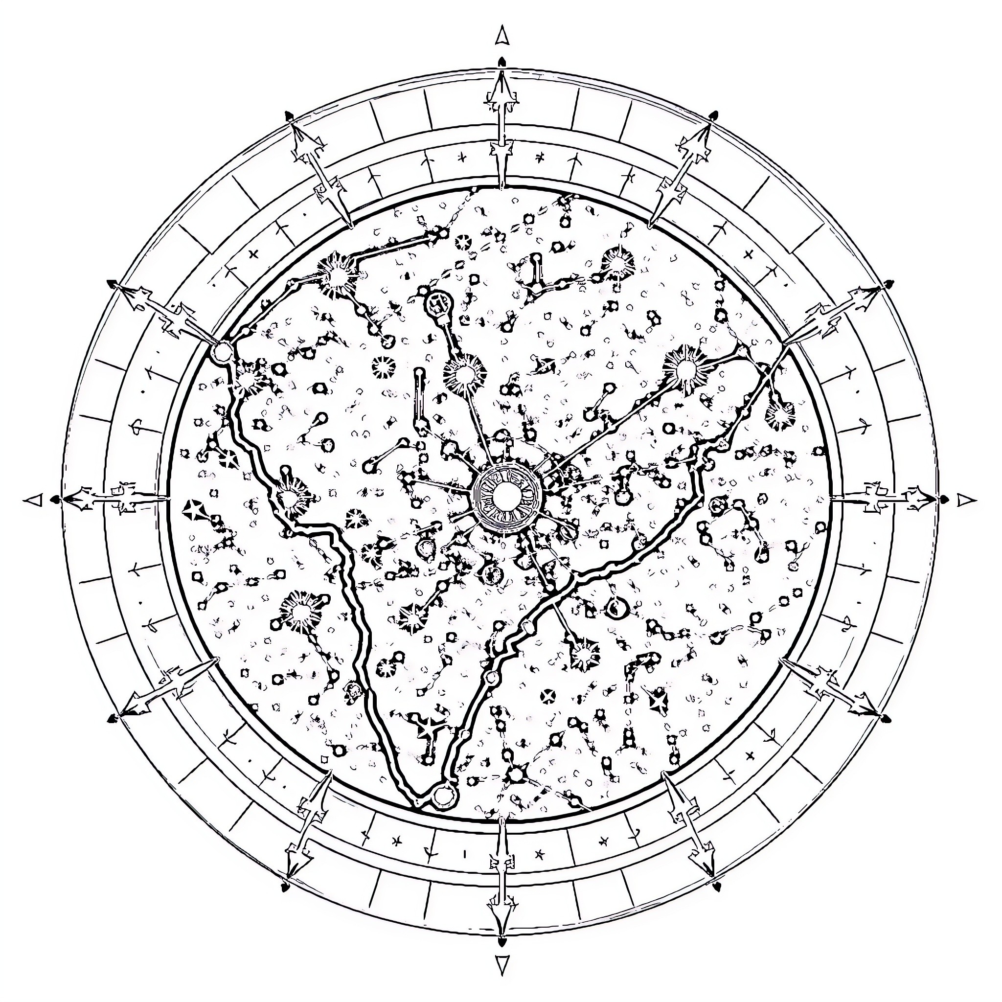 Star Map of Celestial Bodies and Constellations Coloring Page (free black-and-white line drawing printable PDF for all, from beginners to advanced learners, including children, teens, adults, and seniors)