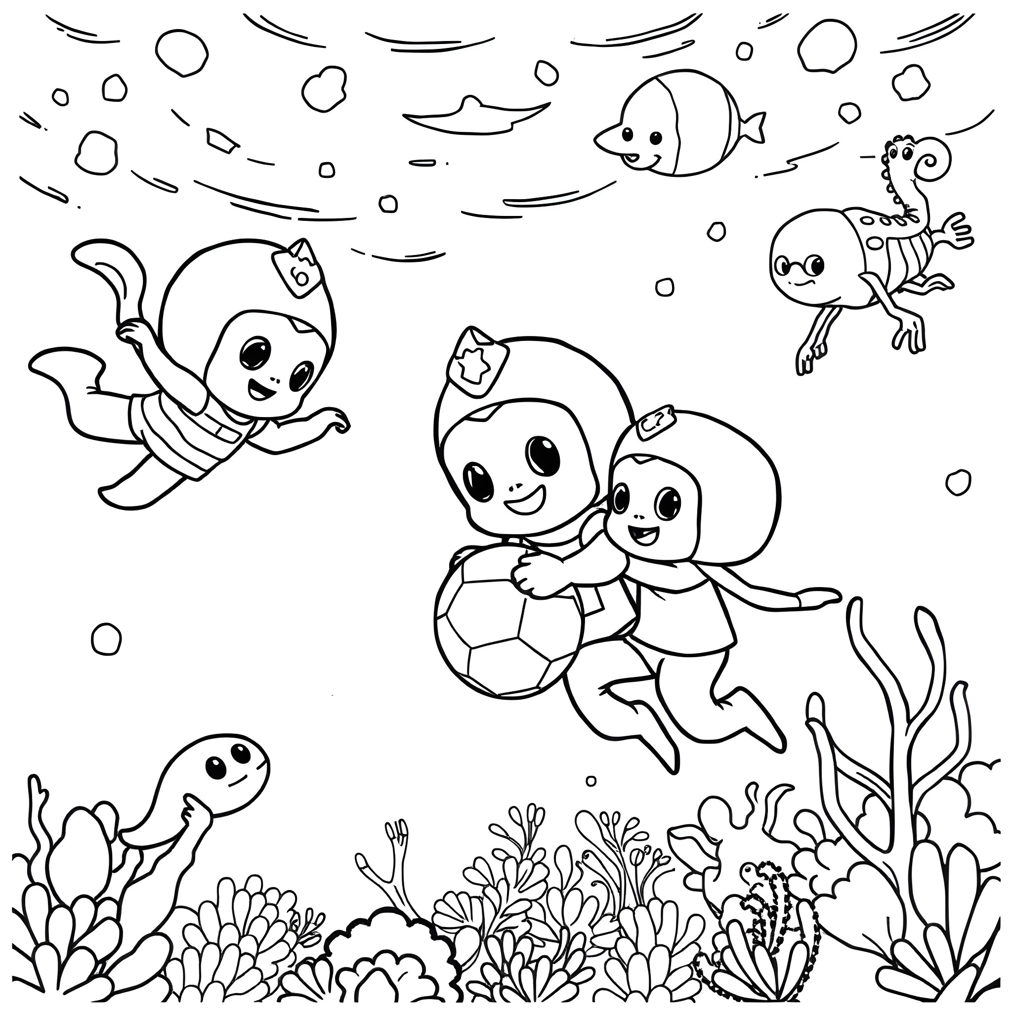 Octonauts exploring the underwater world Coloring Page (free black-and-white line drawing printable PDF for all, from beginners to advanced learners, including children, teens, adults, and seniors)