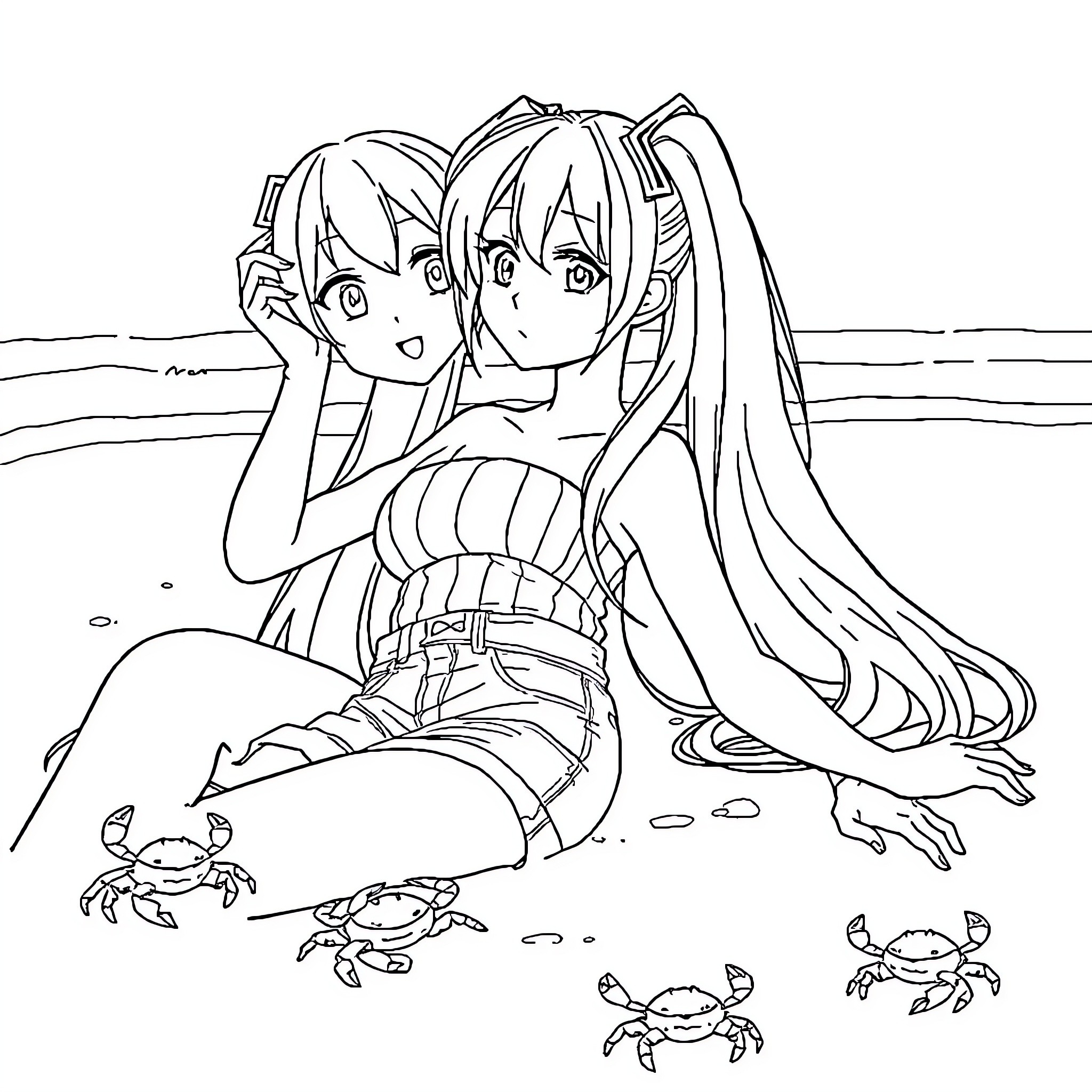 Hatsune Miku interacting with crabs on the beach Coloring Page (free black-and-white line drawing printable PDF for all, from beginners to advanced learners, including children, teens, adults, and seniors)