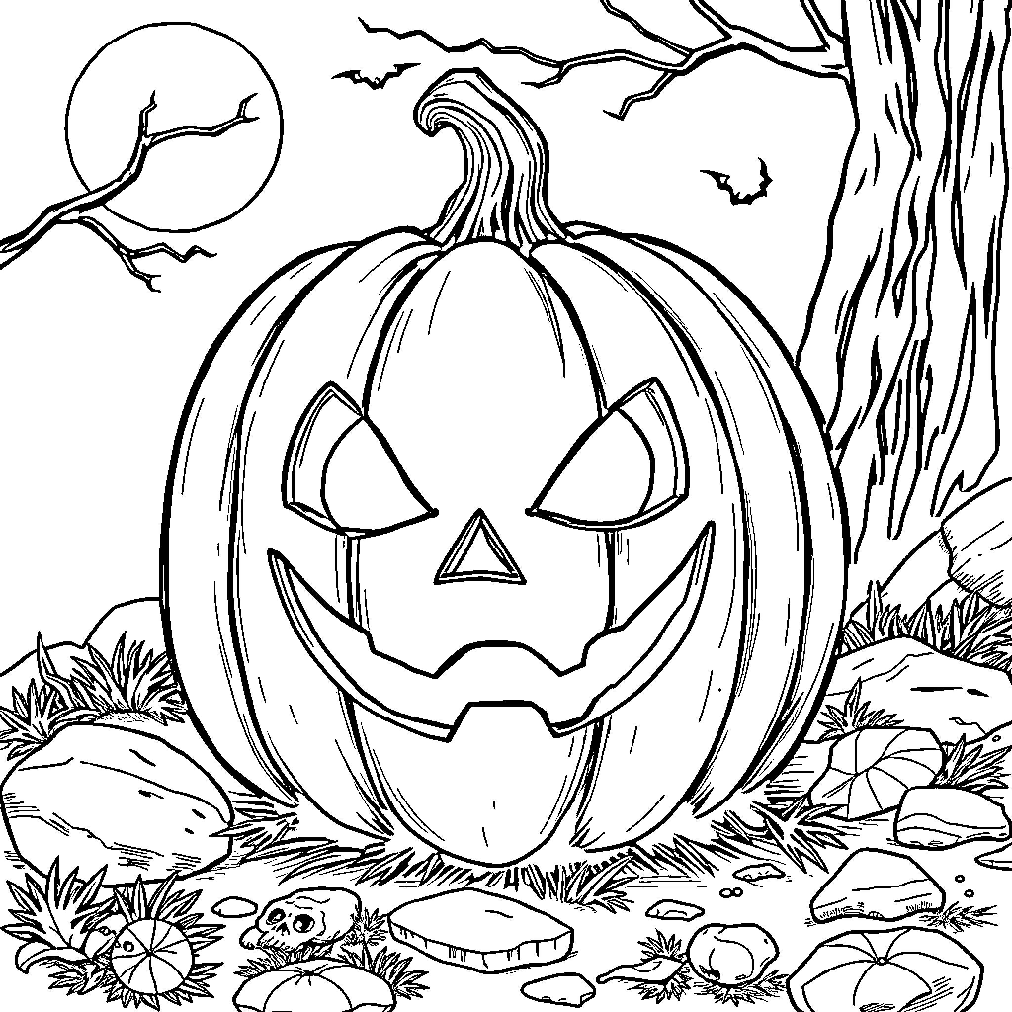 Pumpkin Jack-o'-lantern in Spooky Autumn Landscape Coloring Page (free black-and-white line drawing printable PDF for all, from beginners to advanced learners, including children, teens, adults, and seniors)