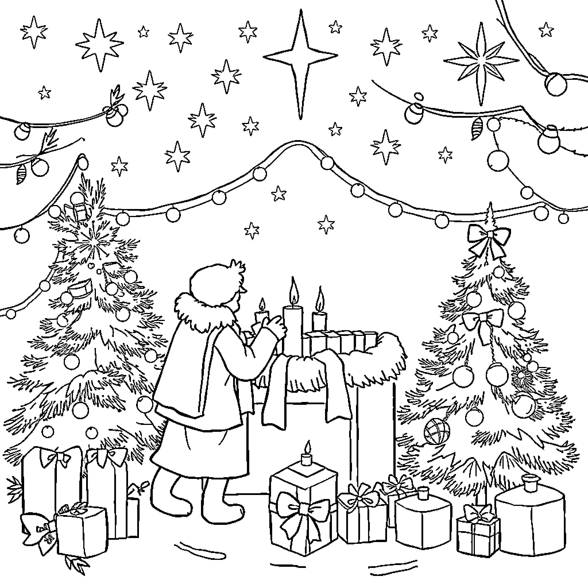 Noel's Festive Winter Wonderland Coloring Page (free black-and-white line drawing printable PDF for all, from beginners to advanced learners, including children, teens, adults, and seniors)