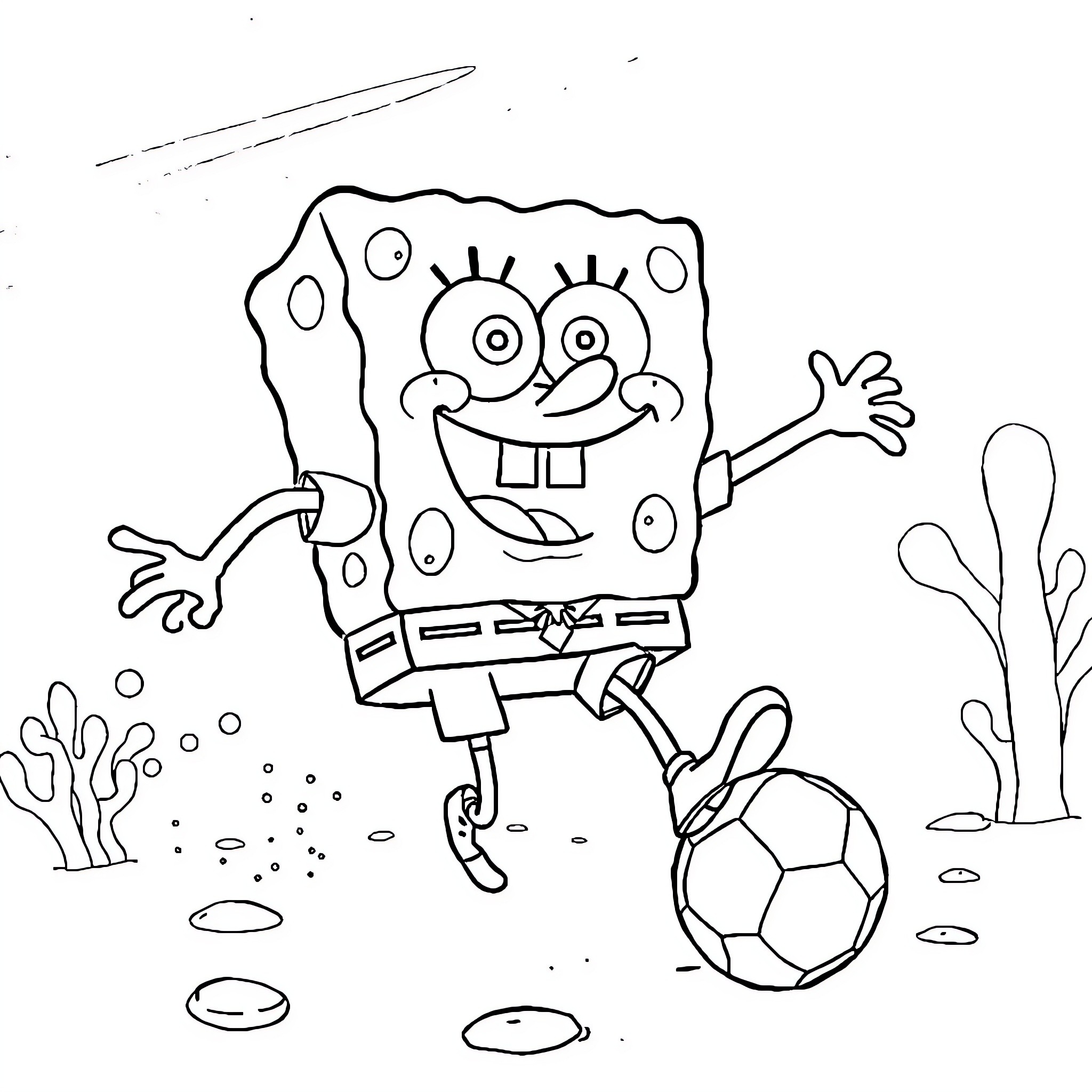 Spongebob playing with a soccer ball Coloring Page (free black-and-white line drawing printable PDF for all, from beginners to advanced learners, including children, teens, adults, and seniors)