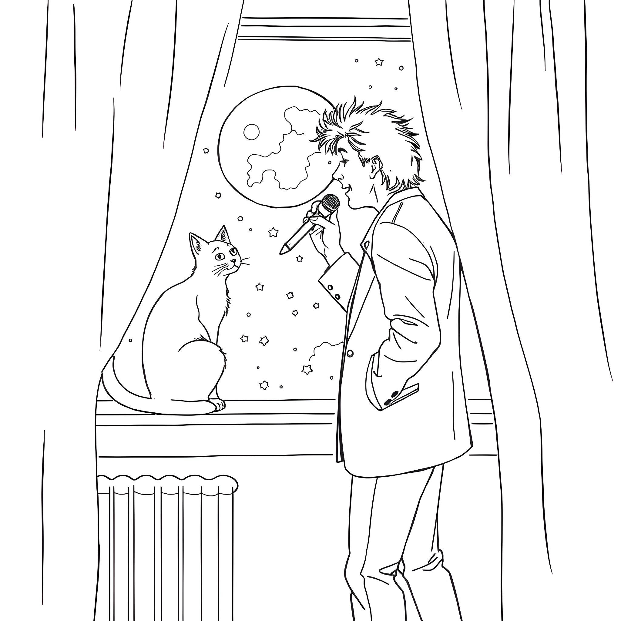 Robert Smith gazing out the window with a cat Coloring Page (free black-and-white line drawing printable PDF for all, from beginners to advanced learners, including children, teens, adults, and seniors)