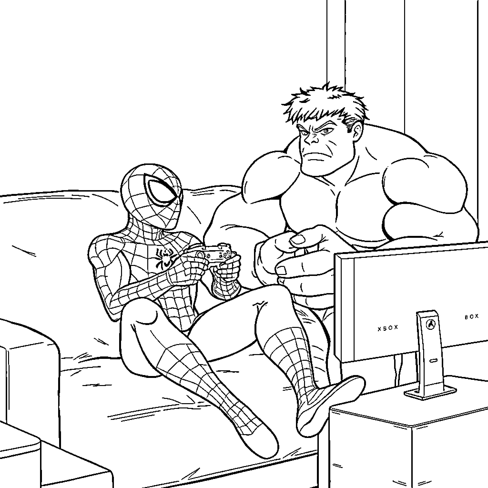 Spiderman and Hulk playing video games Coloring Page (free black-and-white line drawing printable PDF for all, from beginners to advanced learners, including children, teens, adults, and seniors)
