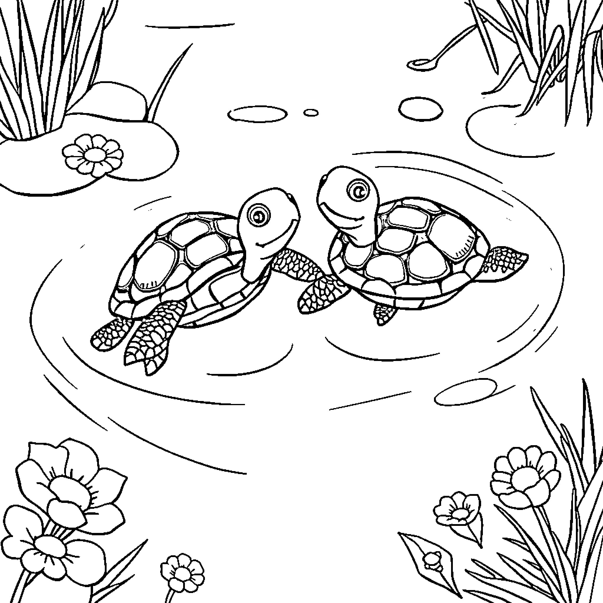 Turtles swimming playfully in a pond Coloring Page (free black-and-white line drawing printable PDF for all, from beginners to advanced learners, including children, teens, adults, and seniors)