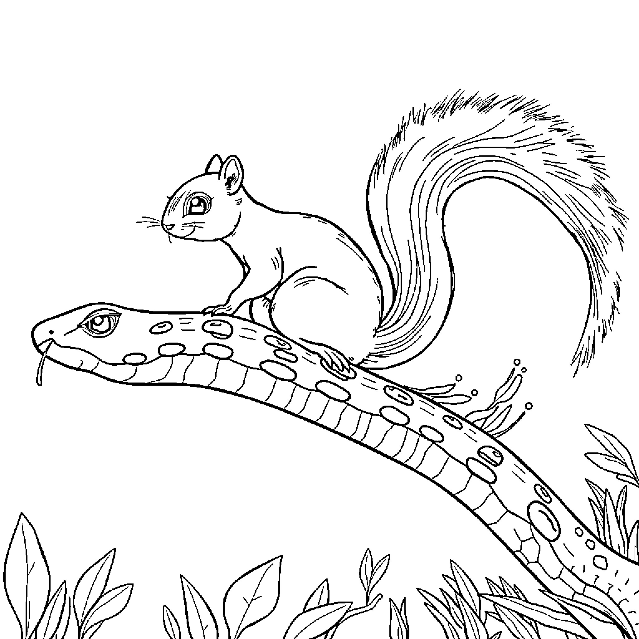 Squirrel riding a colorful caterpillar Coloring Page (free black-and-white line drawing printable PDF for all, from beginners to advanced learners, including children, teens, adults, and seniors)