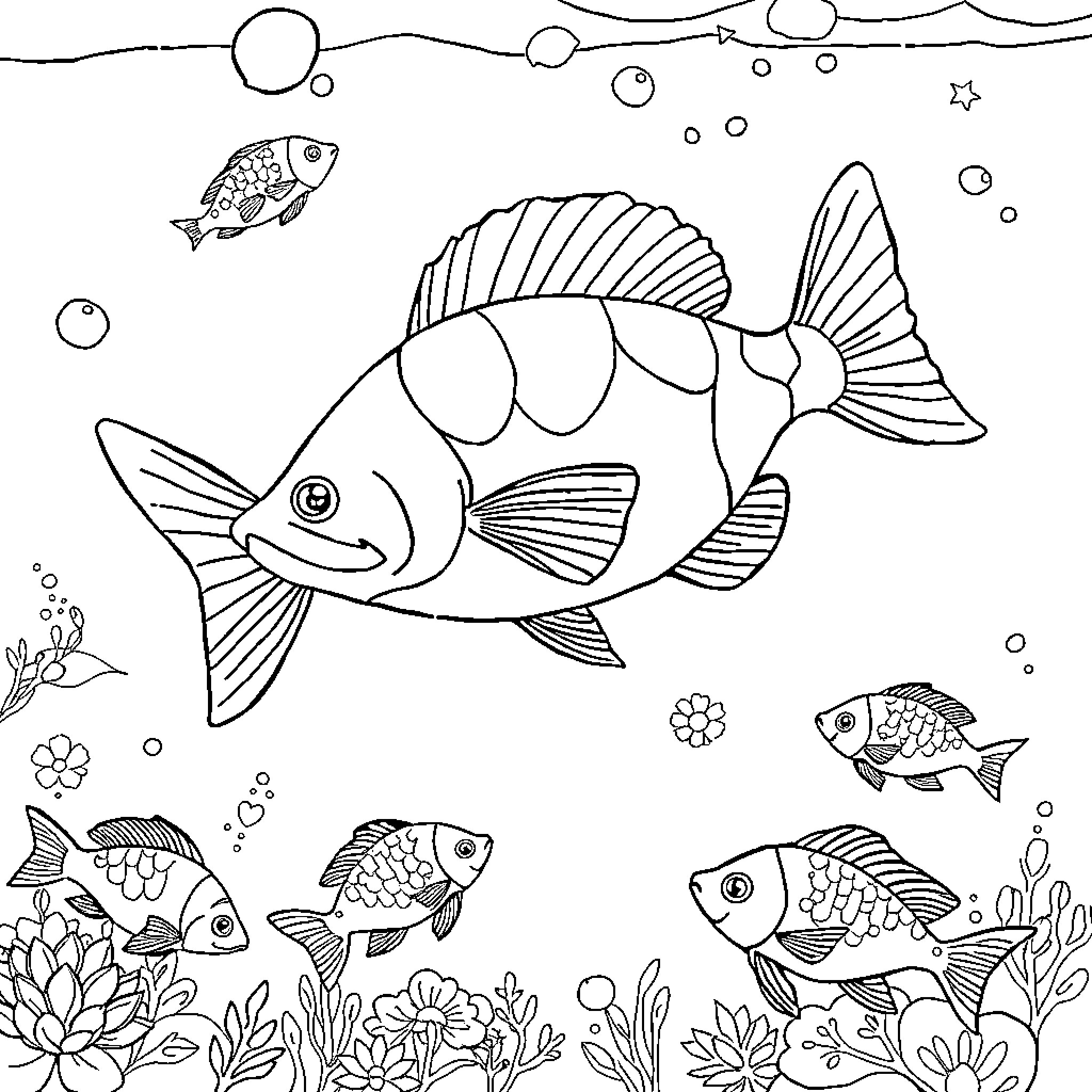 Smurfs exploring a vibrant underwater world Coloring Page (free black-and-white line drawing printable PDF for all, from beginners to advanced learners, including children, teens, adults, and seniors)