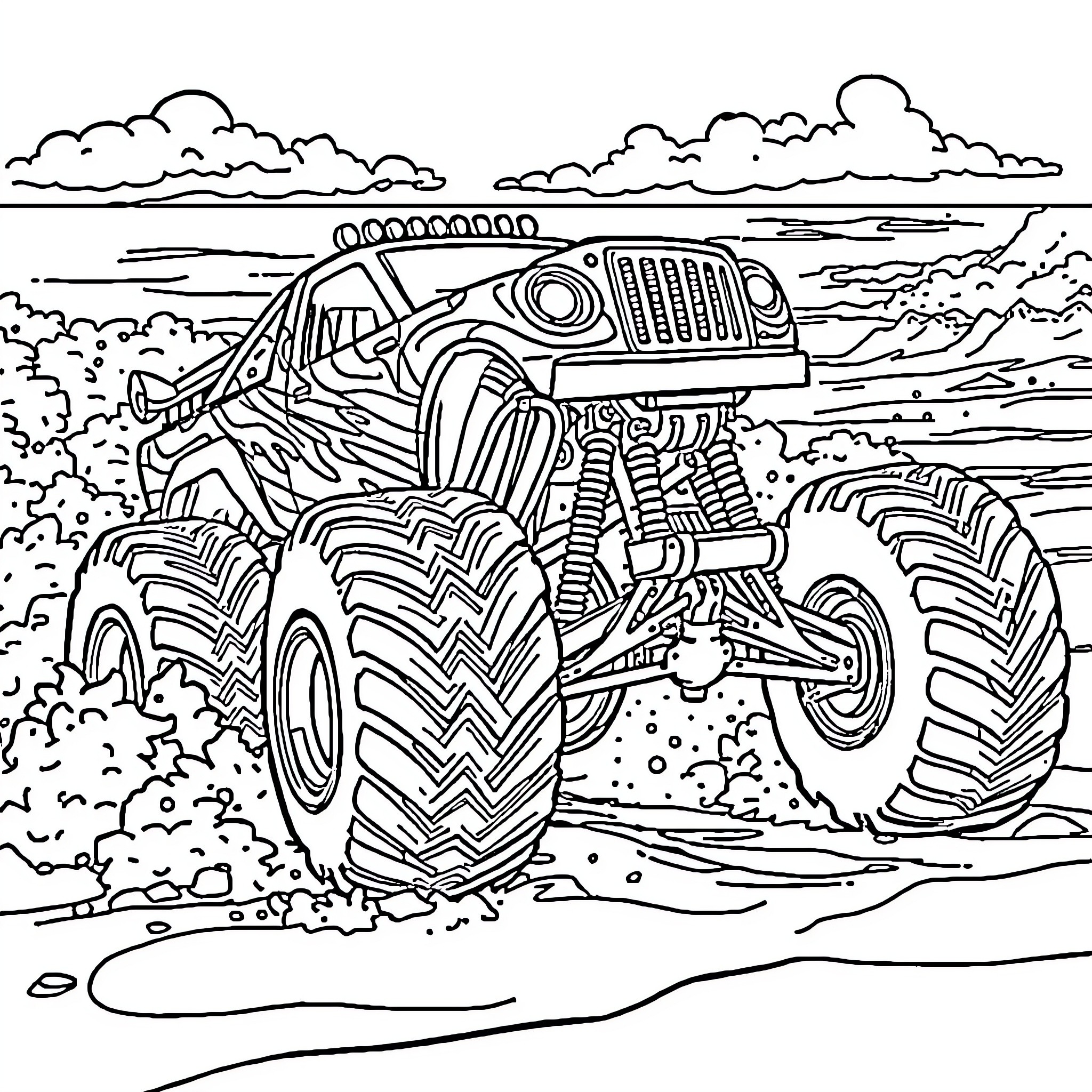 Monster Truck Crushing Through the Terrain Coloring Page (free black-and-white line drawing printable PDF for all, from beginners to advanced learners, including children, teens, adults, and seniors)