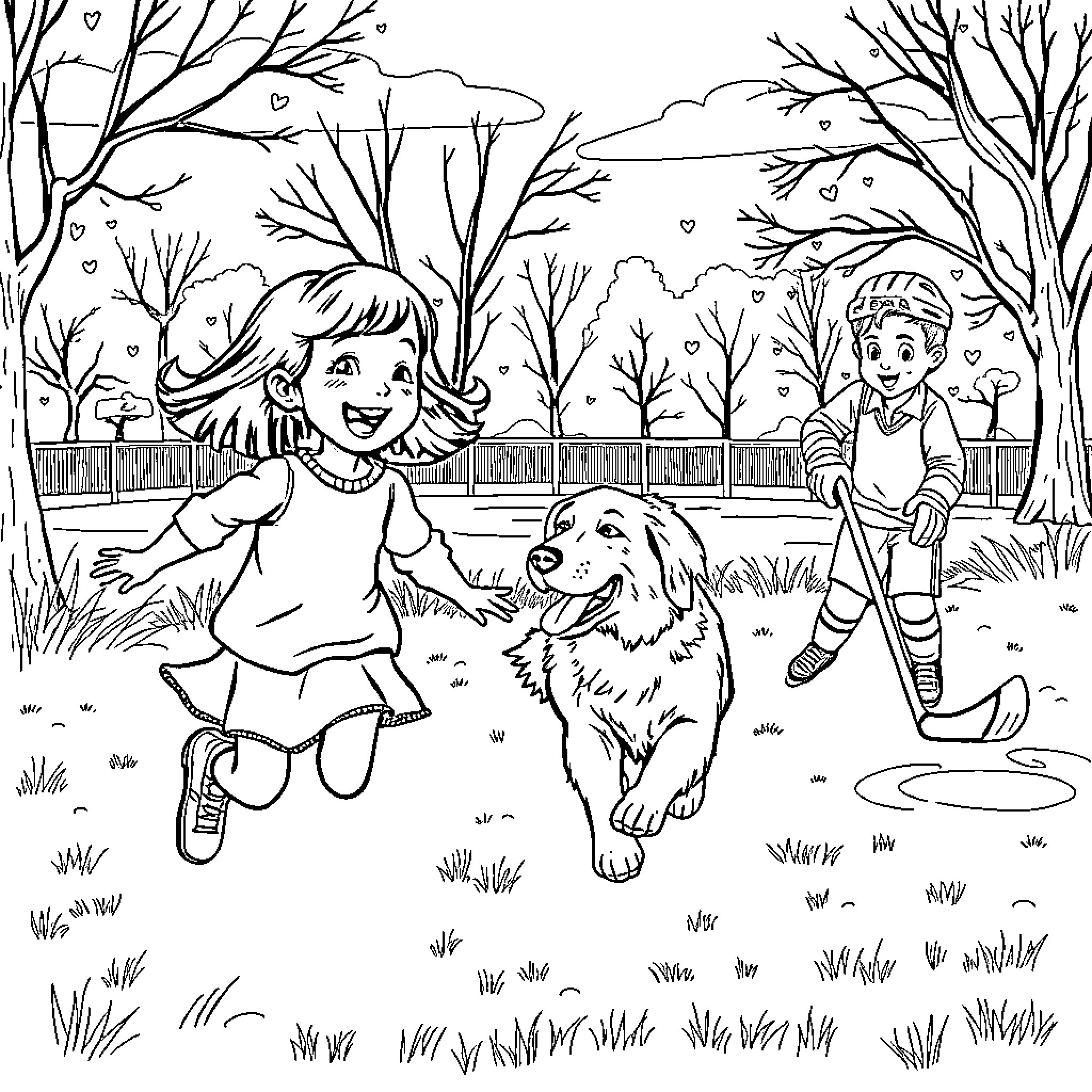 Girl playing with dog in the park Coloring Page (free black-and-white line drawing printable PDF for all, from beginners to advanced learners, including children, teens, adults, and seniors)