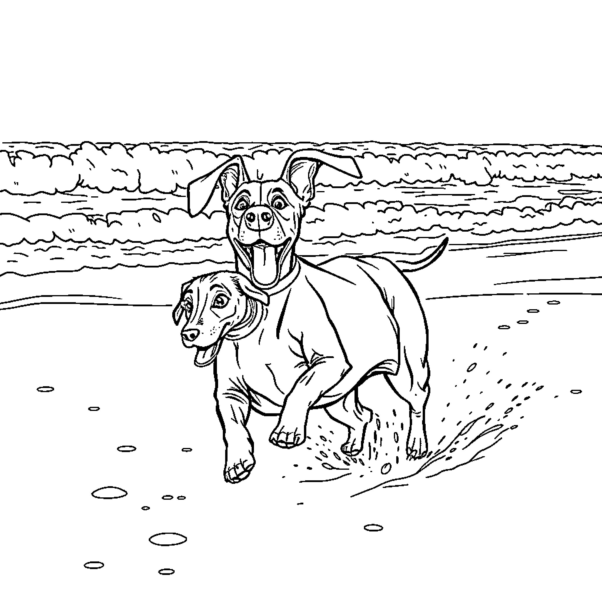 Dachshund companions frolicking on the beach Coloring Page (free black-and-white line drawing printable PDF for all, from beginners to advanced learners, including children, teens, adults, and seniors)