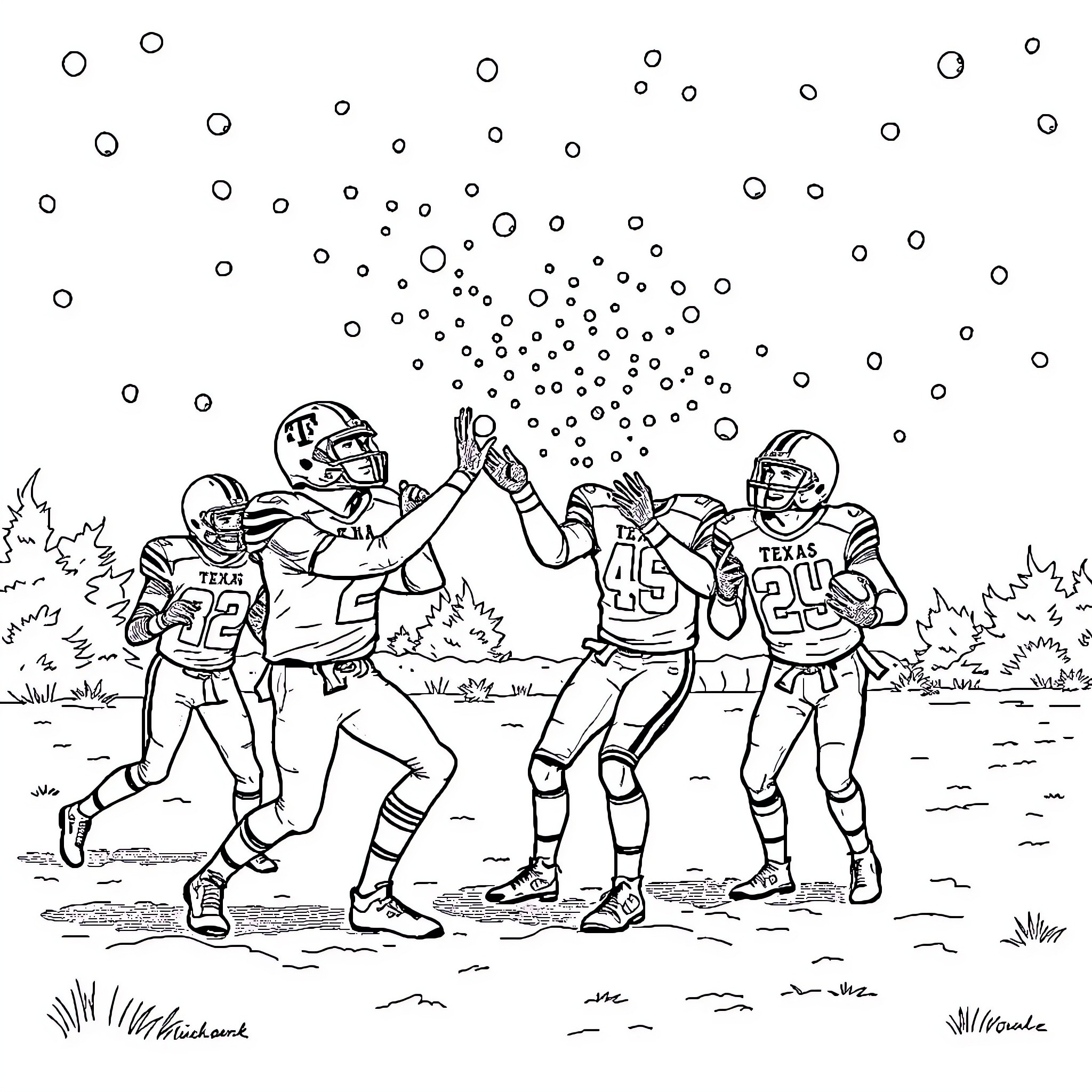 Football Players Celebrating Victory on the Field Coloring Page (free black-and-white line drawing printable PDF for all, from beginners to advanced learners, including children, teens, adults, and seniors)
