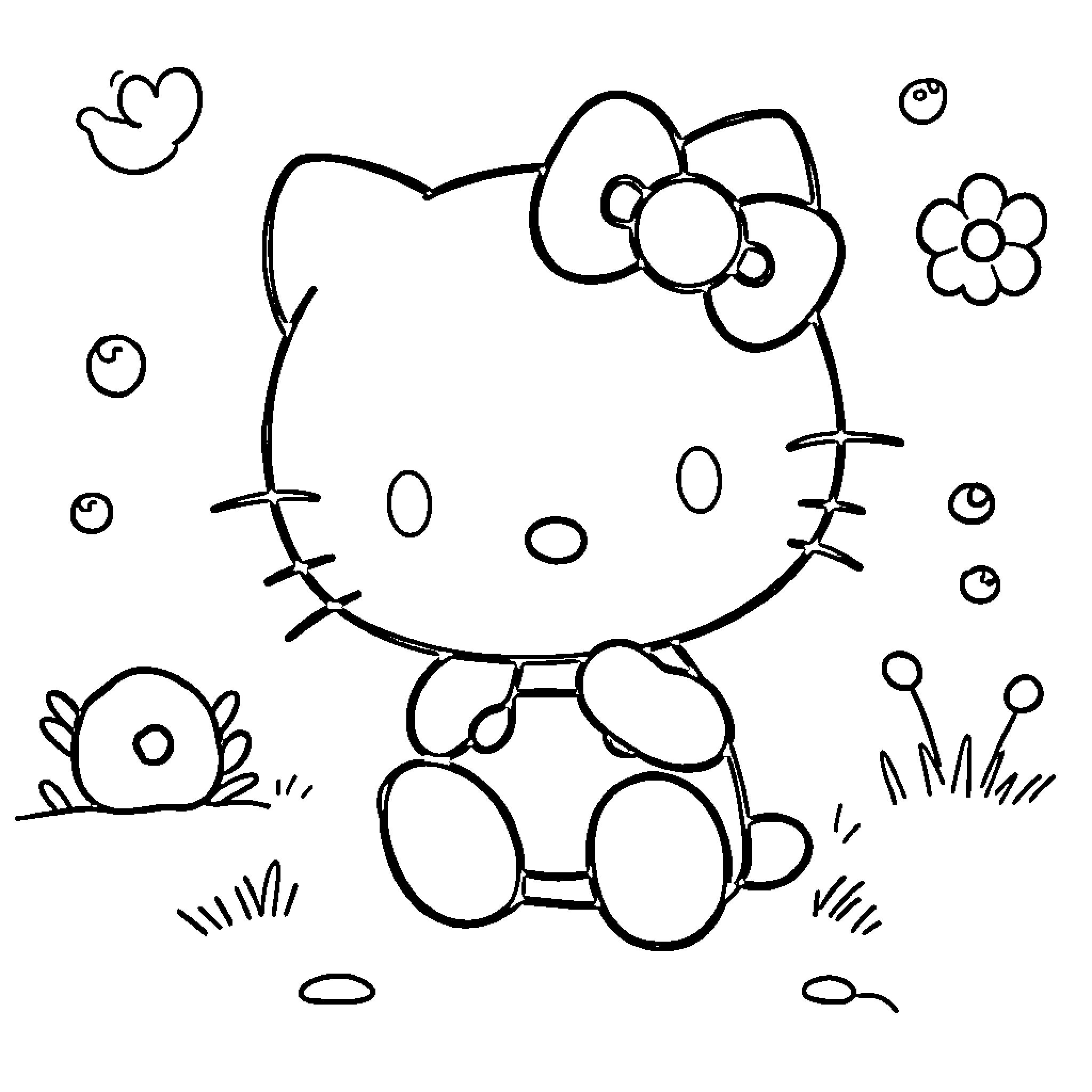 Hello Kitty enjoying flowers and nature Coloring Page (free black-and-white line drawing printable PDF for all, from beginners to advanced learners, including children, teens, adults, and seniors)