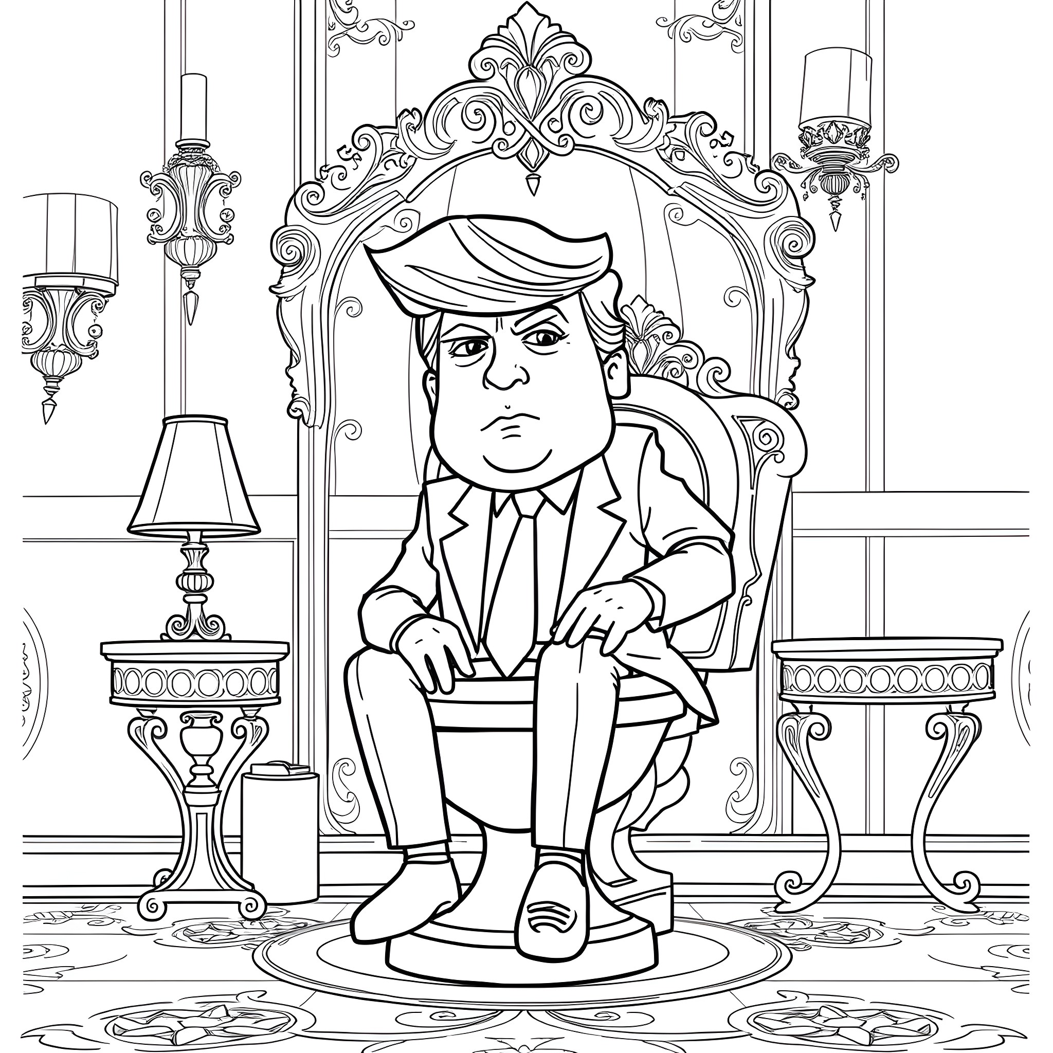 Donald Trump sitting on a throne in an ornate setting Coloring Page (free black-and-white line drawing printable PDF for all, from beginners to advanced learners, including children, teens, adults, and seniors)