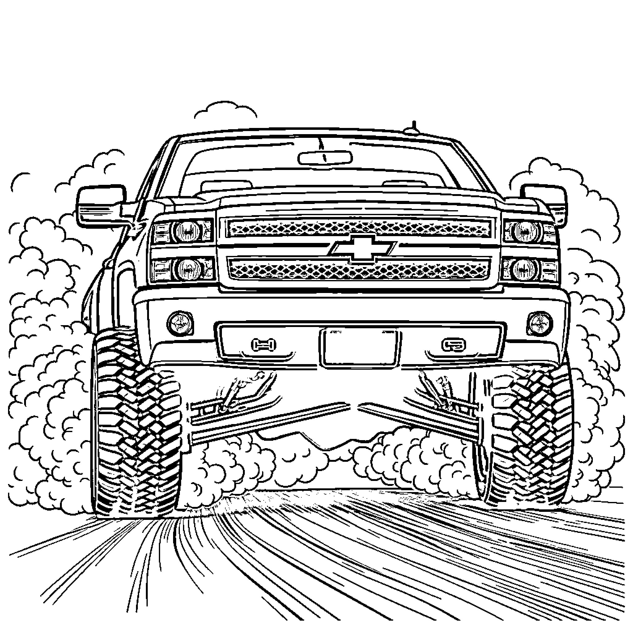Pickup Truck Traversing Rugged Terrain Coloring Page (free black-and-white line drawing printable PDF for all, from beginners to advanced learners, including children, teens, adults, and seniors)