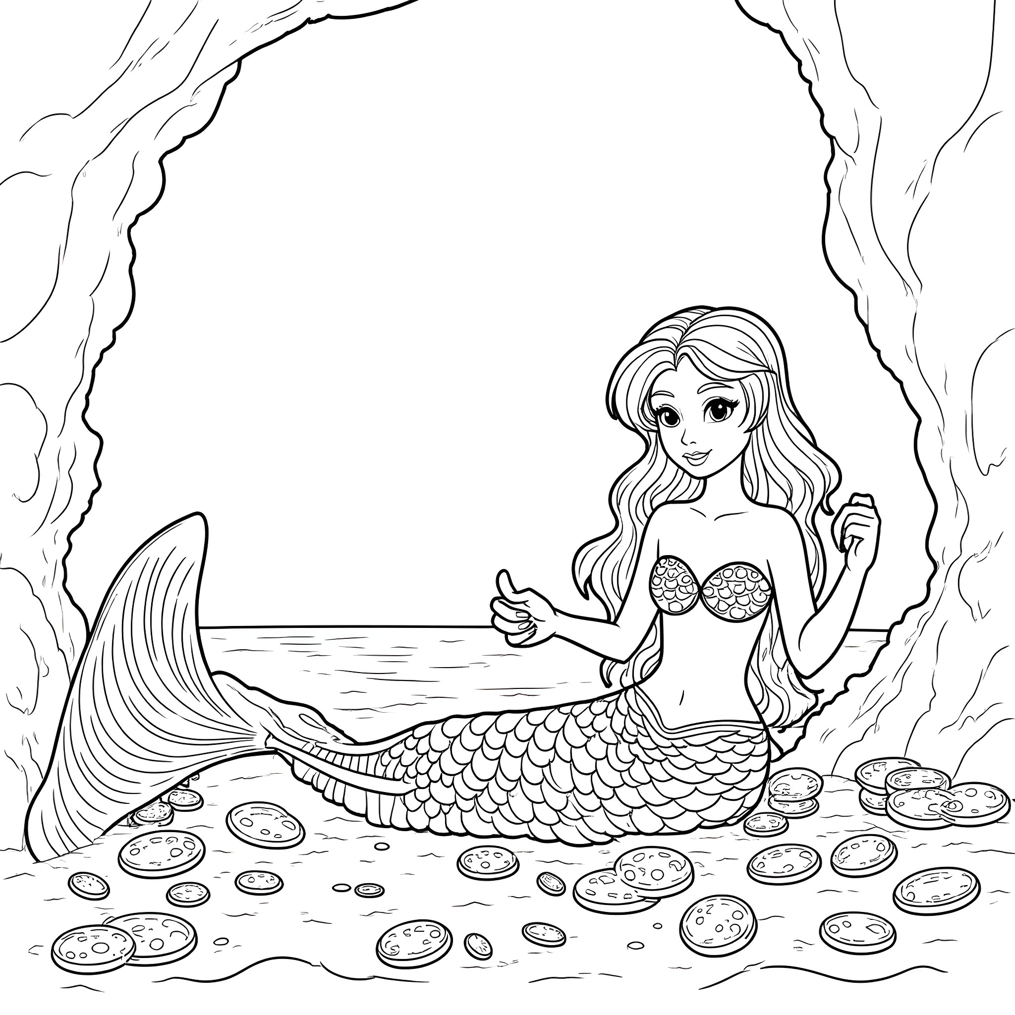 Mermaid exploring a underwater treasure trove Coloring Page (free black-and-white line drawing printable PDF for all, from beginners to advanced learners, including children, teens, adults, and seniors)