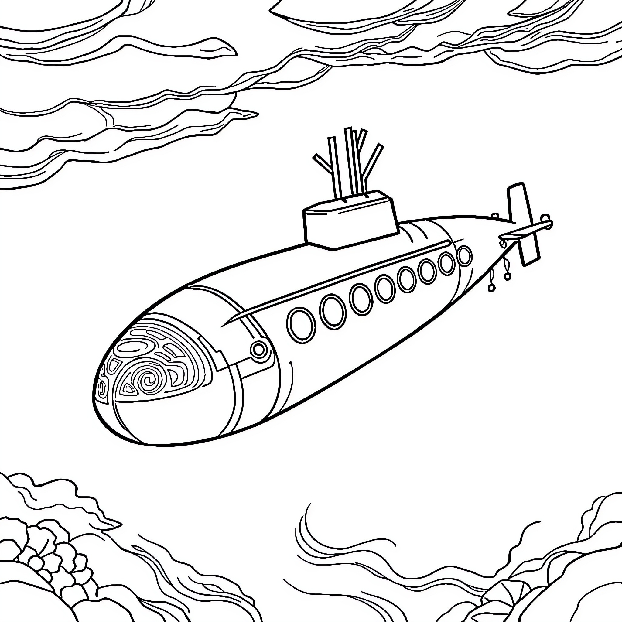 Submarine diving through the waves Coloring Page (free black-and-white line drawing printable PDF for all, from beginners to advanced learners, including children, teens, adults, and seniors)