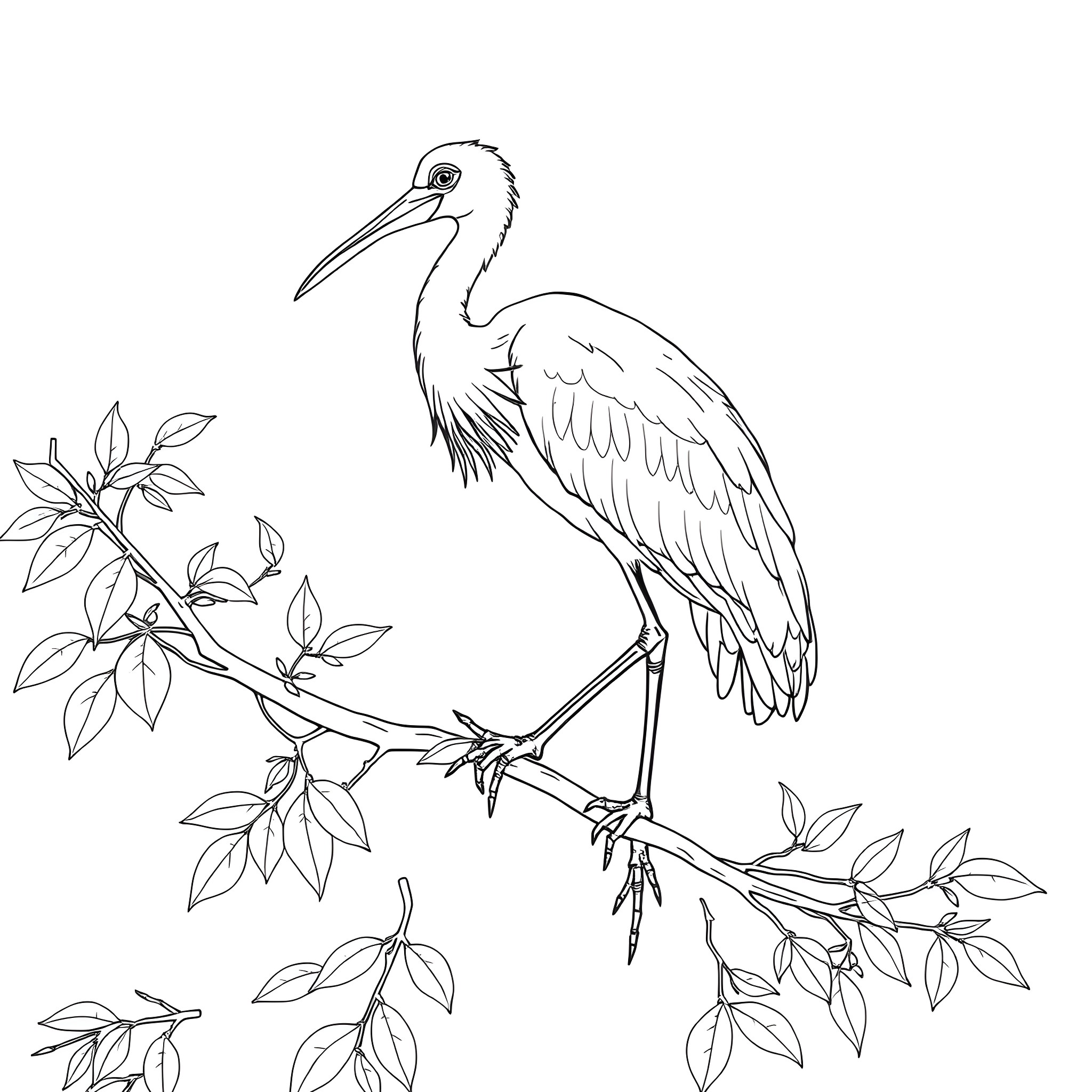 Ibis perched on leafy branch Coloring Page (free black-and-white line drawing printable PDF for all, from beginners to advanced learners, including children, teens, adults, and seniors)