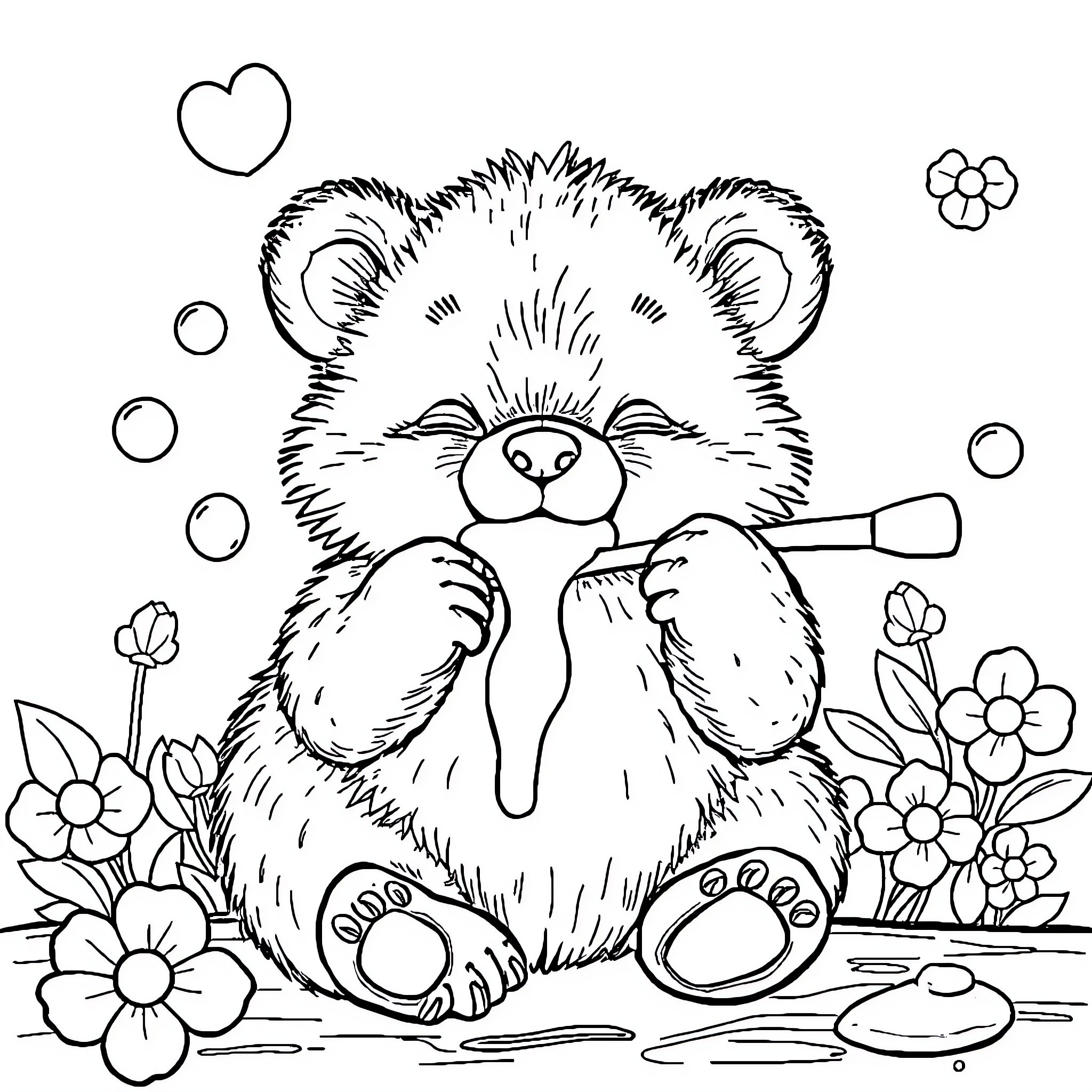 Bear playing happily with bubbles and flowers Coloring Page (free black-and-white line drawing printable PDF for all, from beginners to advanced learners, including children, teens, adults, and seniors)