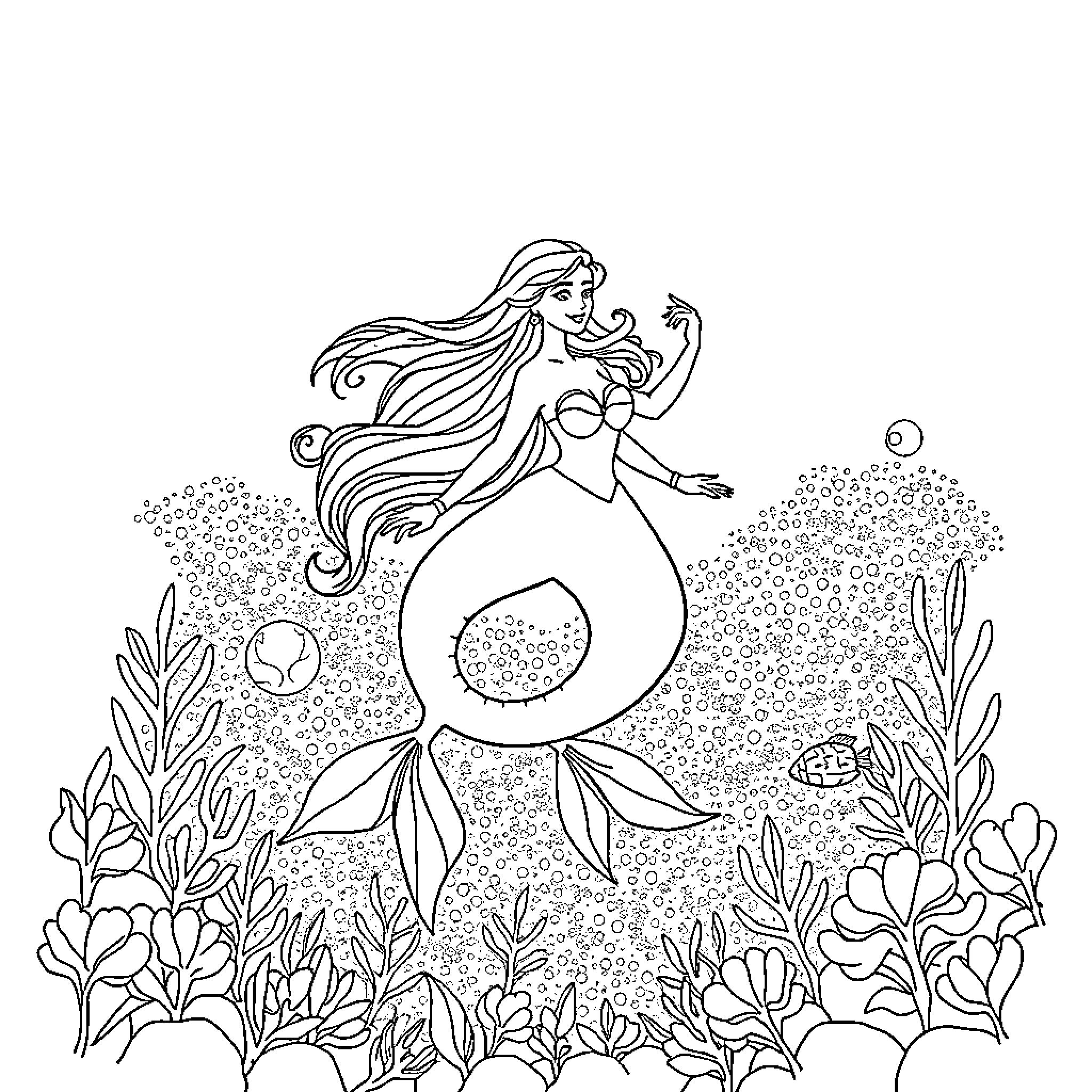 Mermaid exploring the underwater garden Coloring Page (free black-and-white line drawing printable PDF for all, from beginners to advanced learners, including children, teens, adults, and seniors)