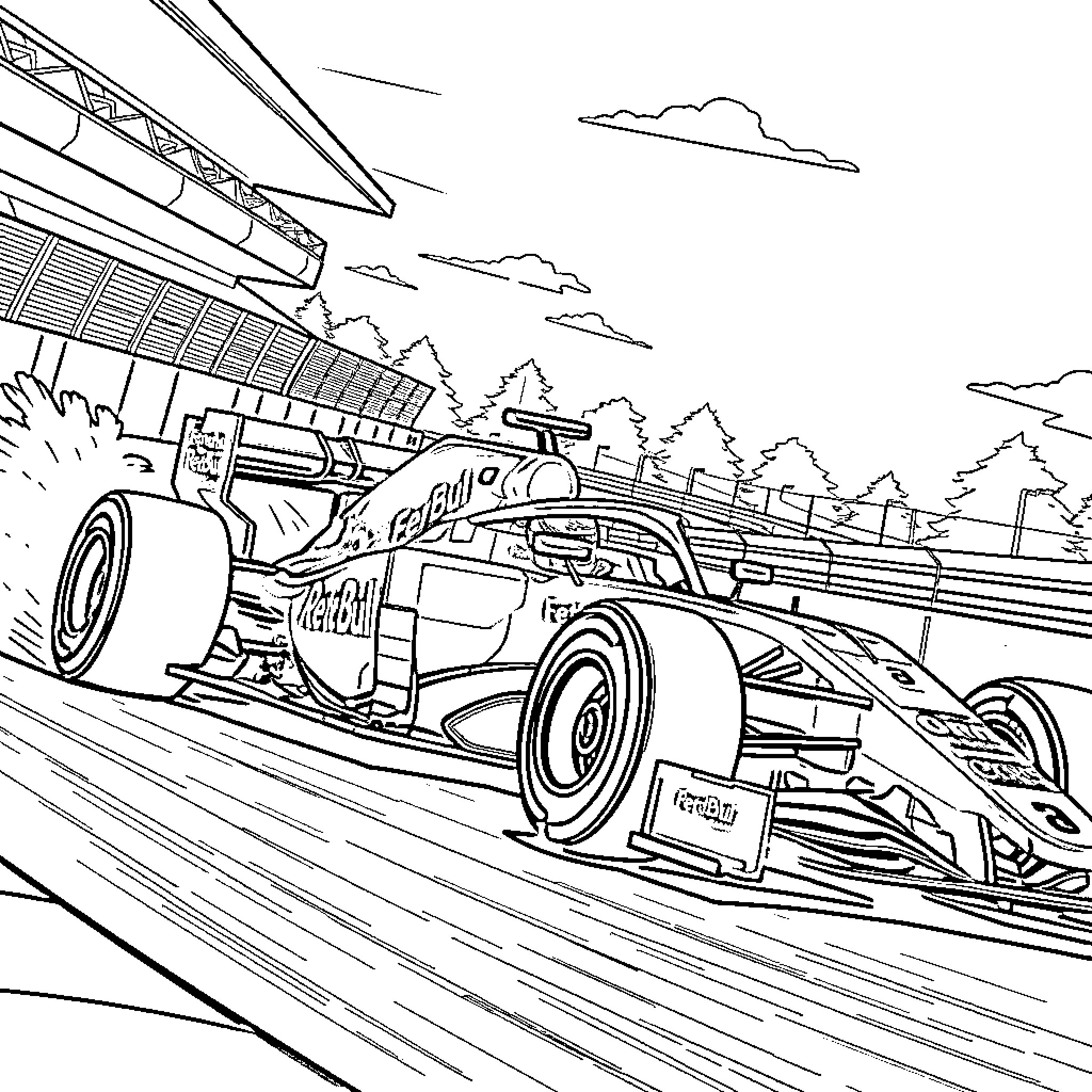 Formula 1 Racing Car on the Circuit Track Coloring Page (free black-and-white line drawing printable PDF for all, from beginners to advanced learners, including children, teens, adults, and seniors)