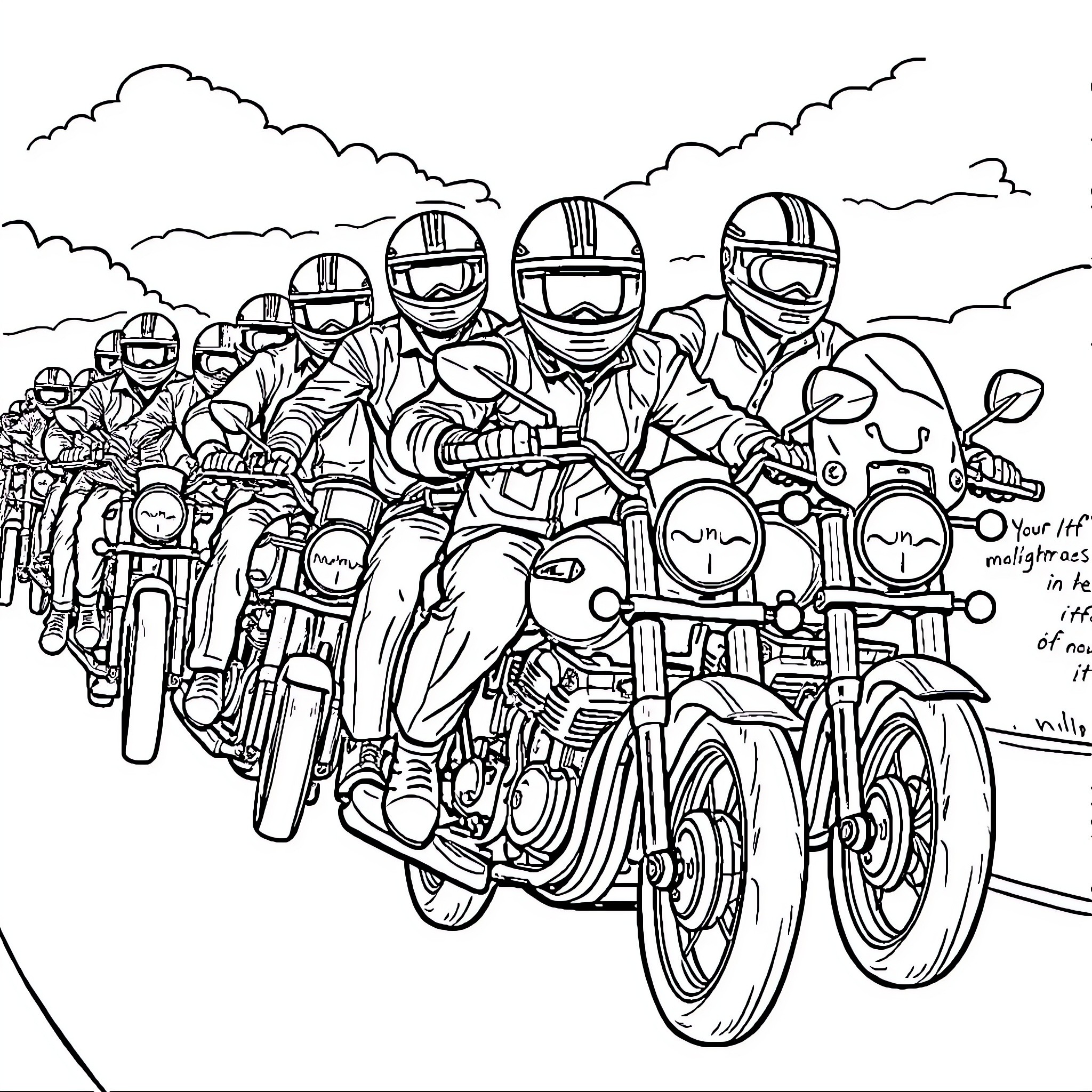 Guy Bikers Riding Motorcycles in a Group Coloring Page (free black-and-white line drawing printable PDF for all, from beginners to advanced learners, including children, teens, adults, and seniors)