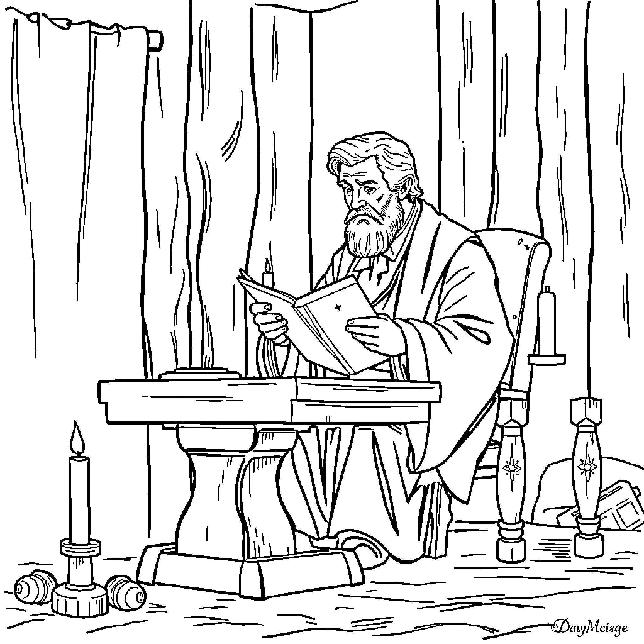 Joseph Smith reading a book in a contemplative setting Coloring Page (free black-and-white line drawing printable PDF for all, from beginners to advanced learners, including children, teens, adults, and seniors)
