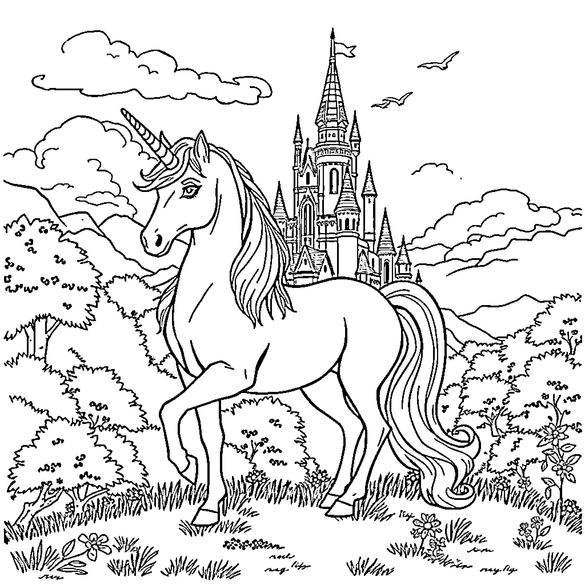 Unicorn standing proudly in enchanted forest before castle Coloring Page (free black-and-white line drawing printable PDF for all, from beginners to advanced learners, including children, teens, adults, and seniors)