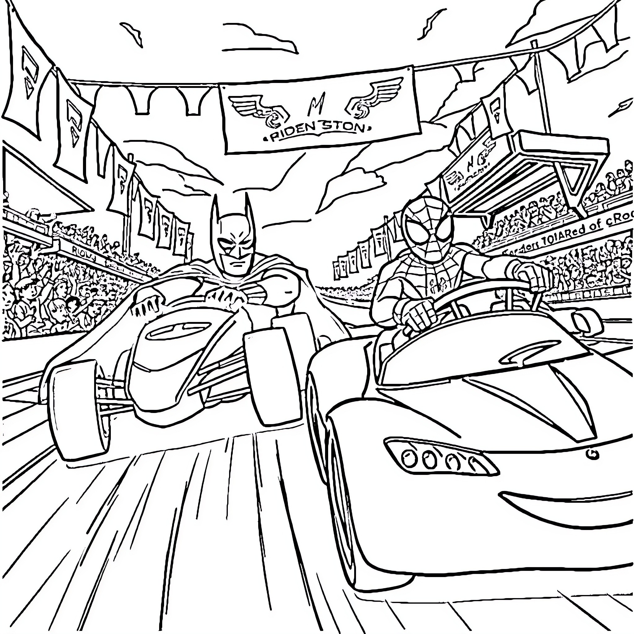 Batman Racing Against Spider-Man in Superhero Showdown Coloring Page (free black-and-white line drawing printable PDF for all, from beginners to advanced learners, including children, teens, adults, and seniors)