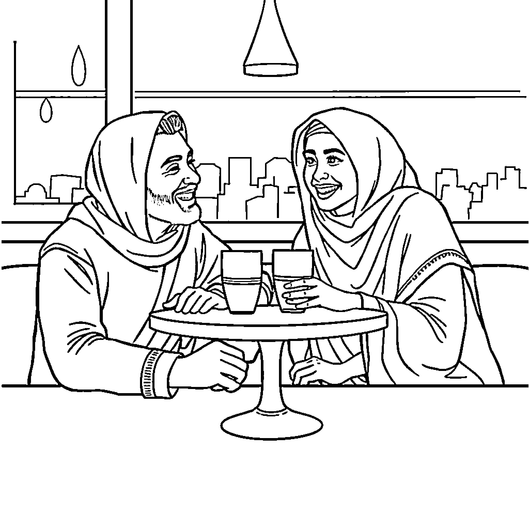 Omar and Hana smiling while enjoying drinks at a table Coloring Page (free black-and-white line drawing printable PDF for all, from beginners to advanced learners, including children, teens, adults, and seniors)