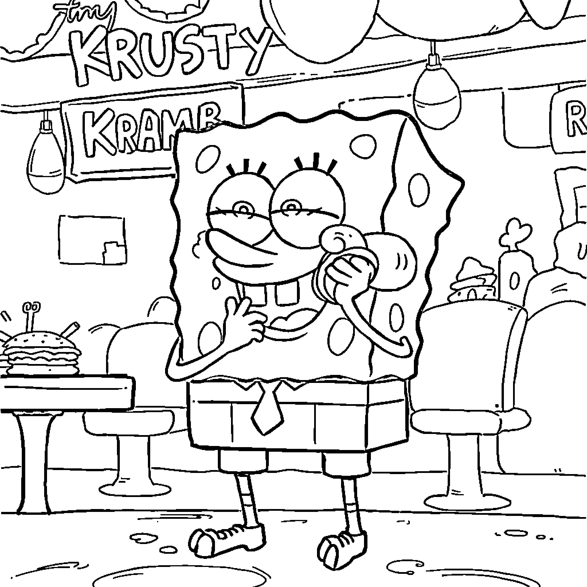 Spongebob in a Krusty Krab restaurant scene Coloring Page (free black-and-white line drawing printable PDF for all, from beginners to advanced learners, including children, teens, adults, and seniors)