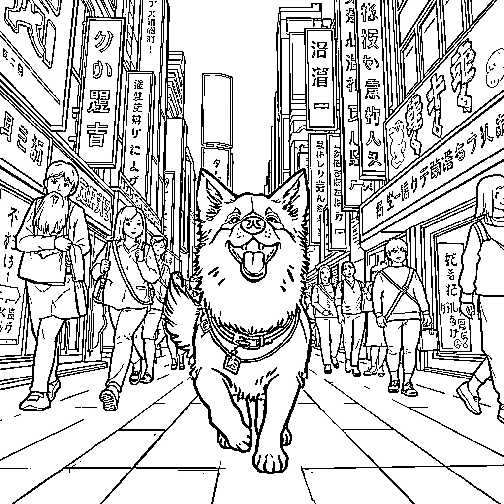 Dog exploring bustling city streets Coloring Page (free black-and-white line drawing printable PDF for all, from beginners to advanced learners, including children, teens, adults, and seniors)
