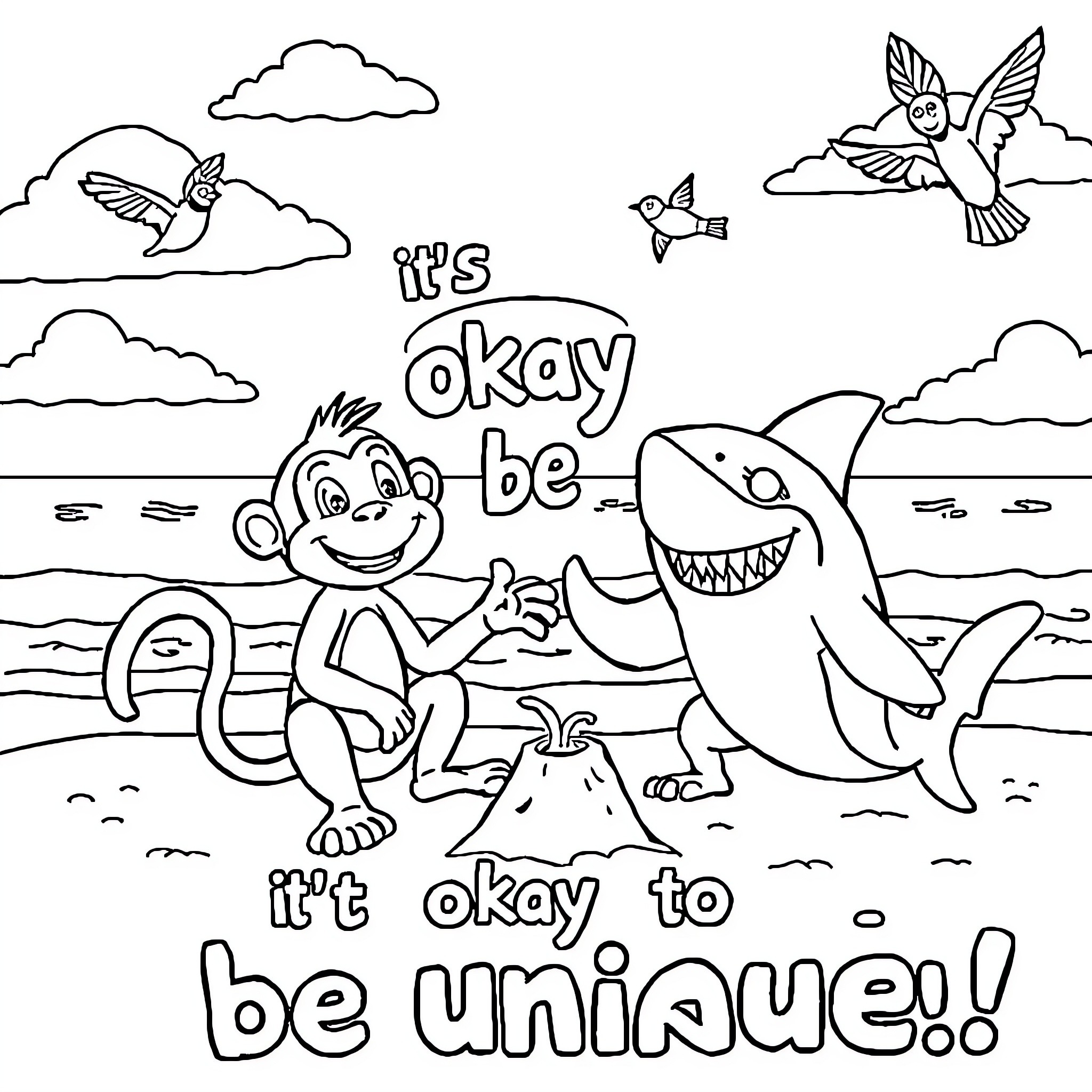Monkey and Shark's Unique Friendship Coloring Page (free black-and-white line drawing printable PDF for all, from beginners to advanced learners, including children, teens, adults, and seniors)