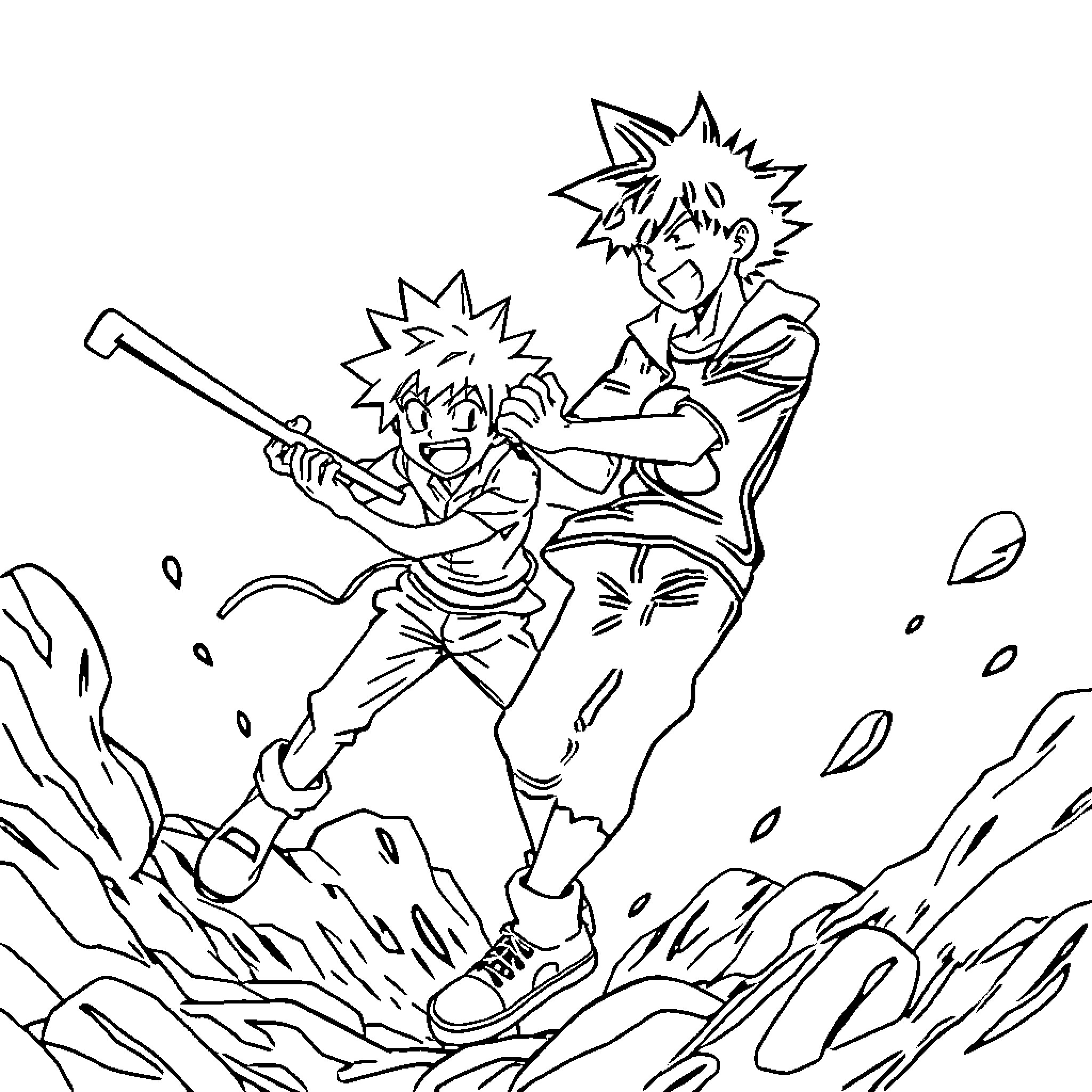 Bakugo engaging in intense combat Coloring Page (free black-and-white line drawing printable PDF for all, from beginners to advanced learners, including children, teens, adults, and seniors)