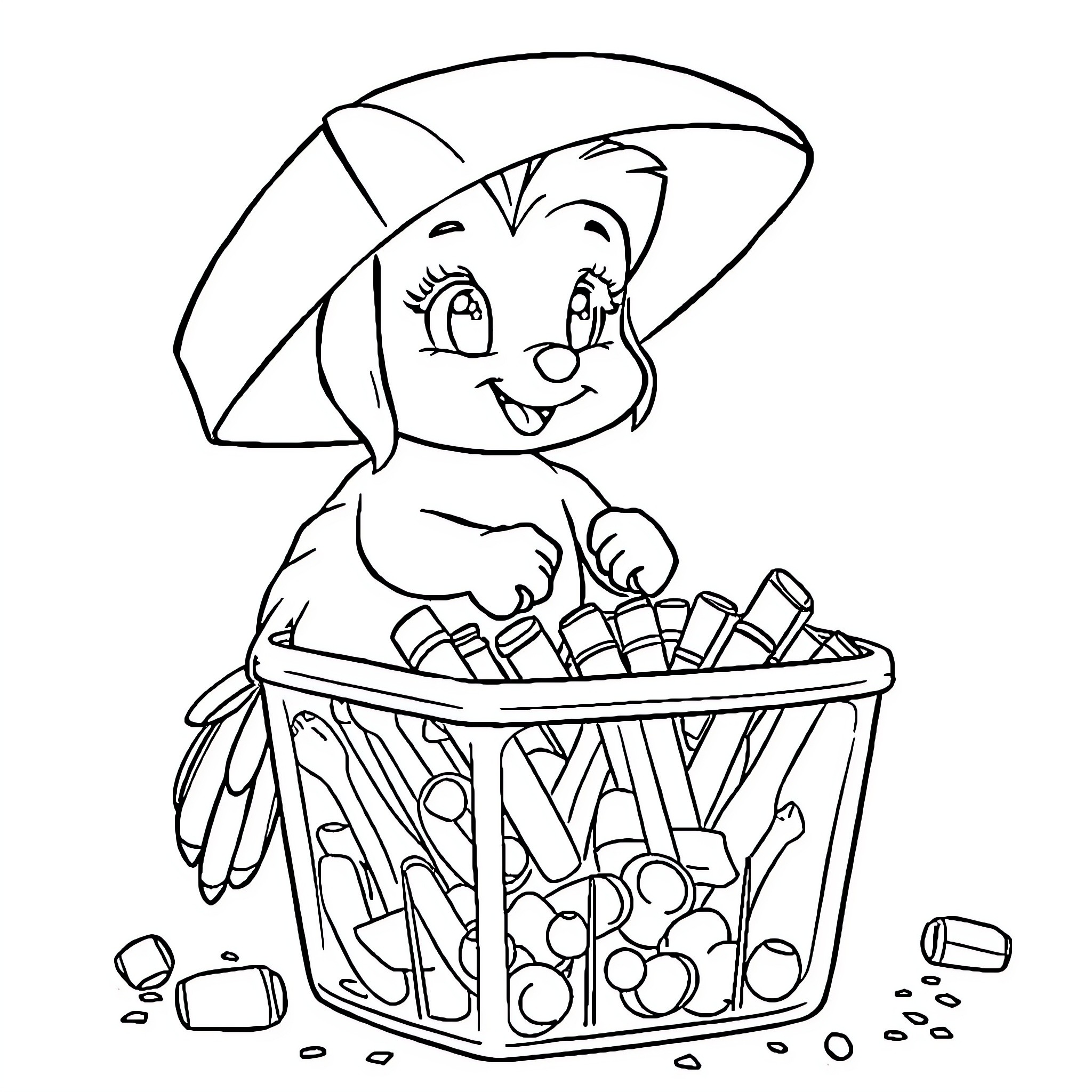 Stella's basket of treasures Coloring Page (free black-and-white line drawing printable PDF for all, from beginners to advanced learners, including children, teens, adults, and seniors)