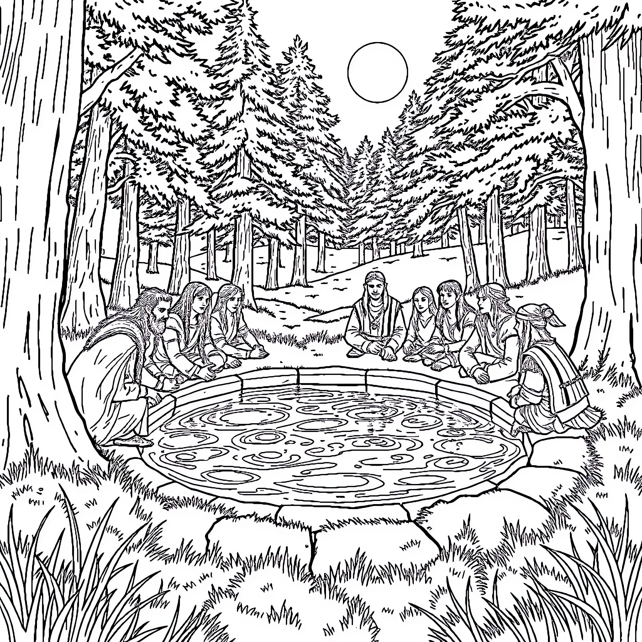Fellowship of friends gathered in the forest Coloring Page (free black-and-white line drawing printable PDF for all, from beginners to advanced learners, including children, teens, adults, and seniors)