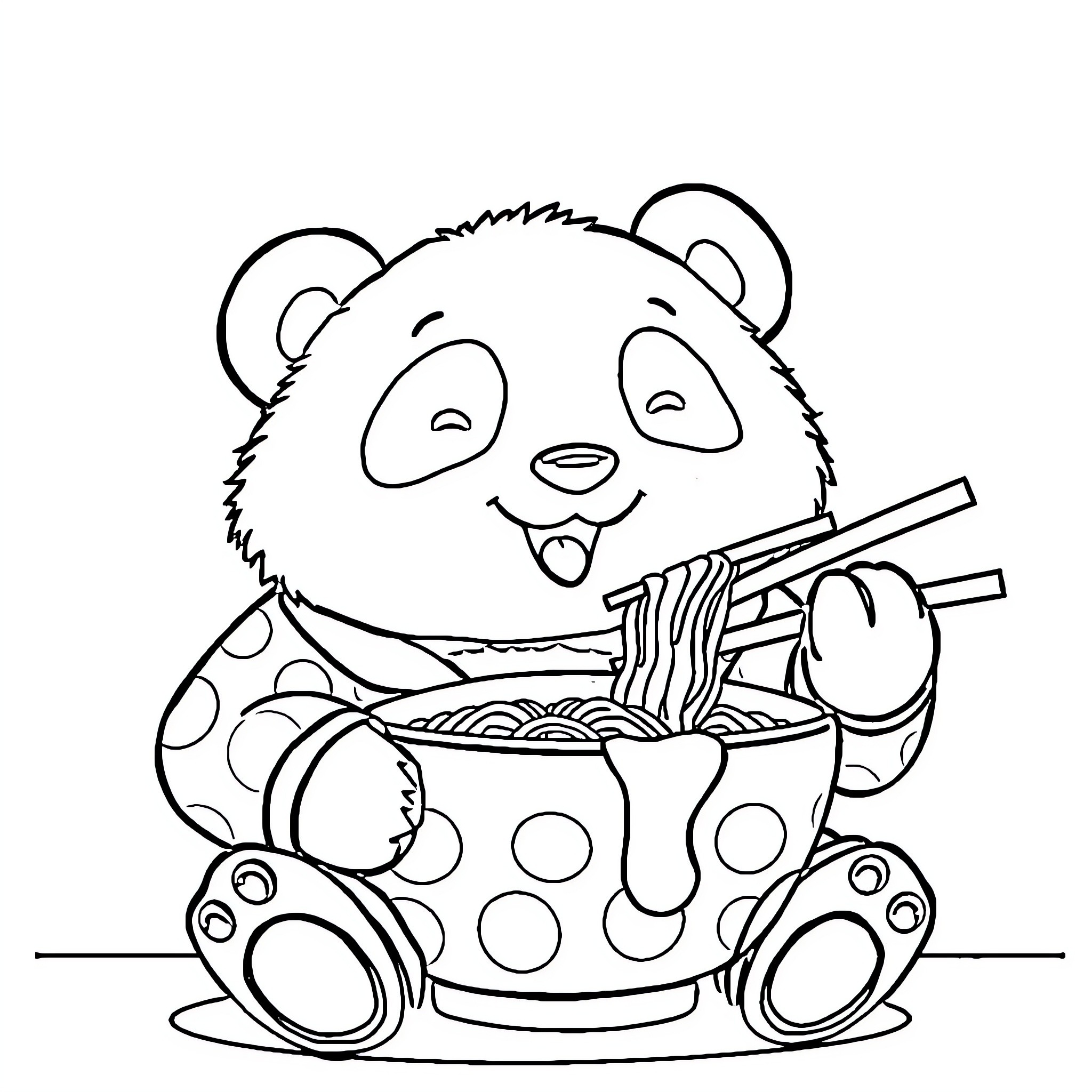 Panda enjoying delicious noodles Coloring Page (free black-and-white line drawing printable PDF for all, from beginners to advanced learners, including children, teens, adults, and seniors)