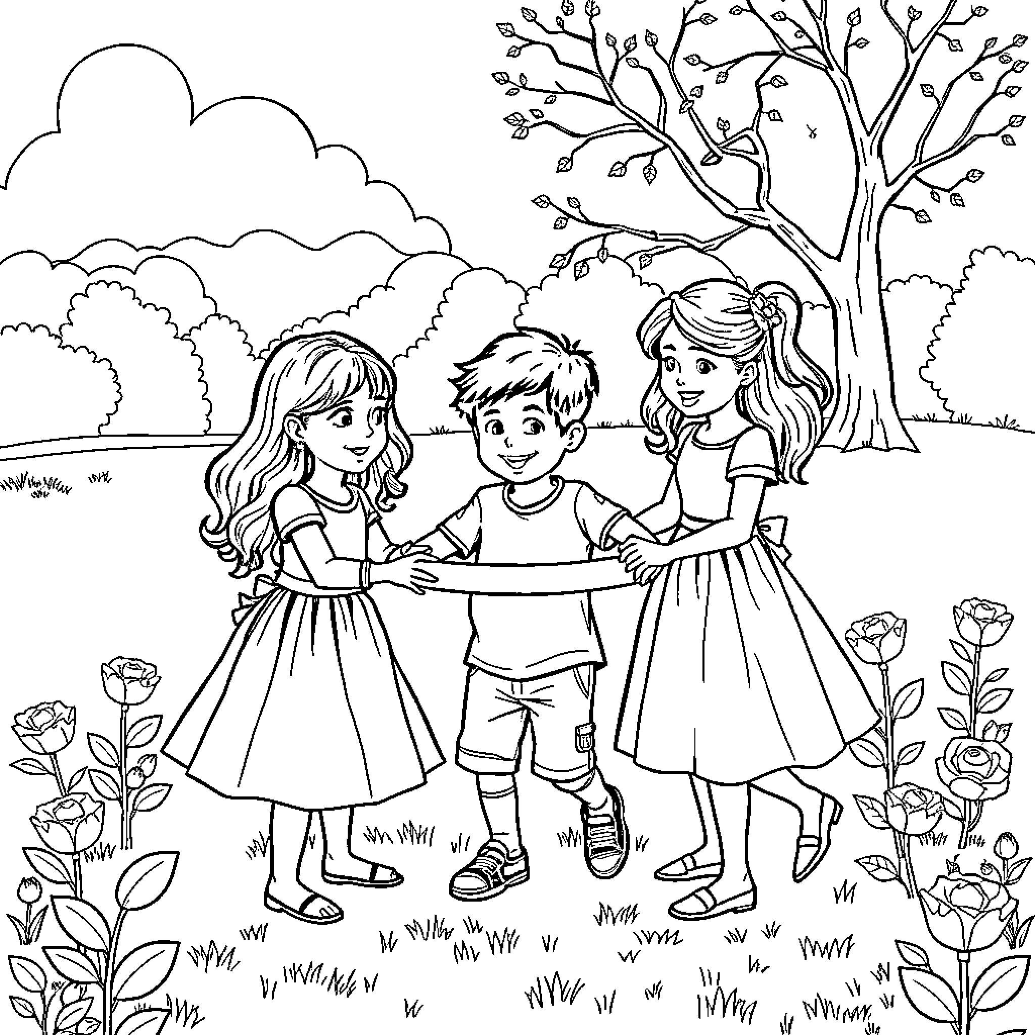 Children playing happily in a garden Coloring Page (free black-and-white line drawing printable PDF for all, from beginners to advanced learners, including children, teens, adults, and seniors)