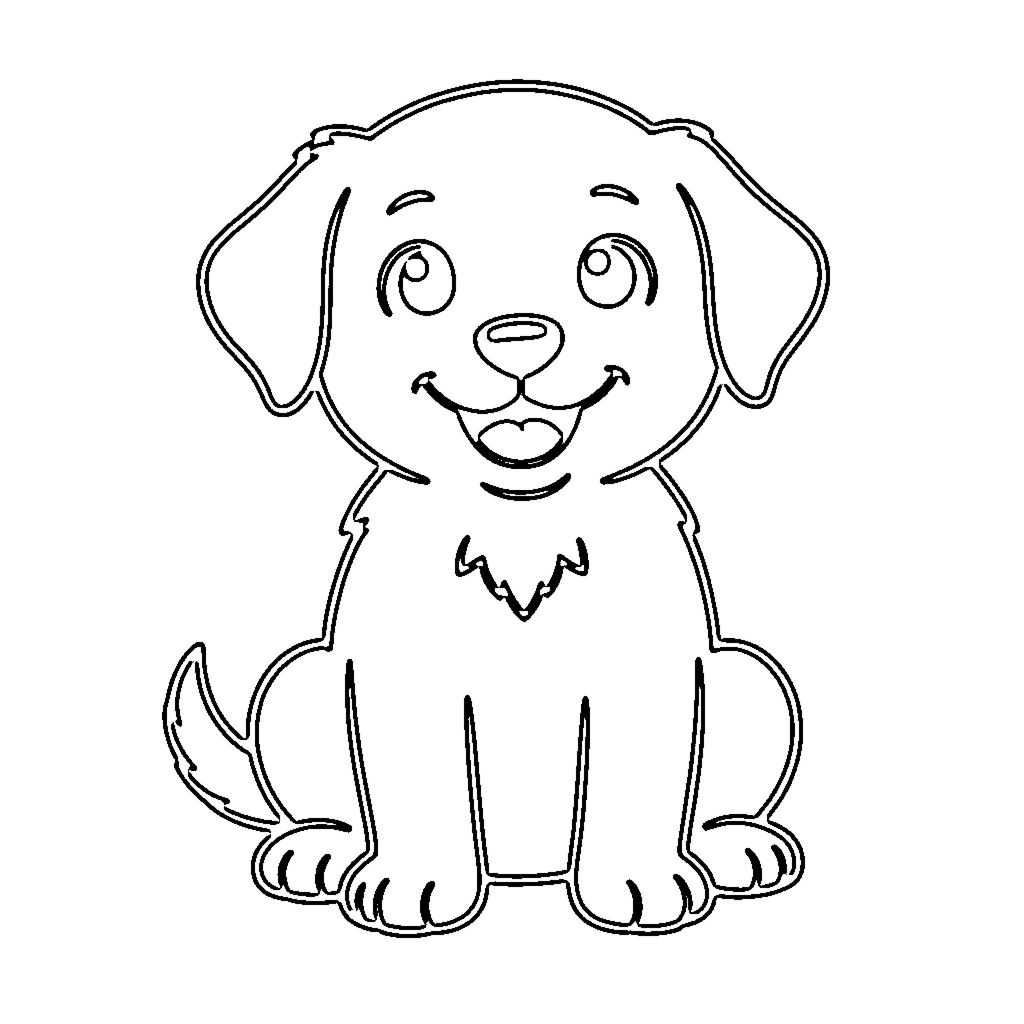 Puppy sitting and smiling happily Coloring Page (free black-and-white line drawing printable PDF for all, from beginners to advanced learners, including children, teens, adults, and seniors)
