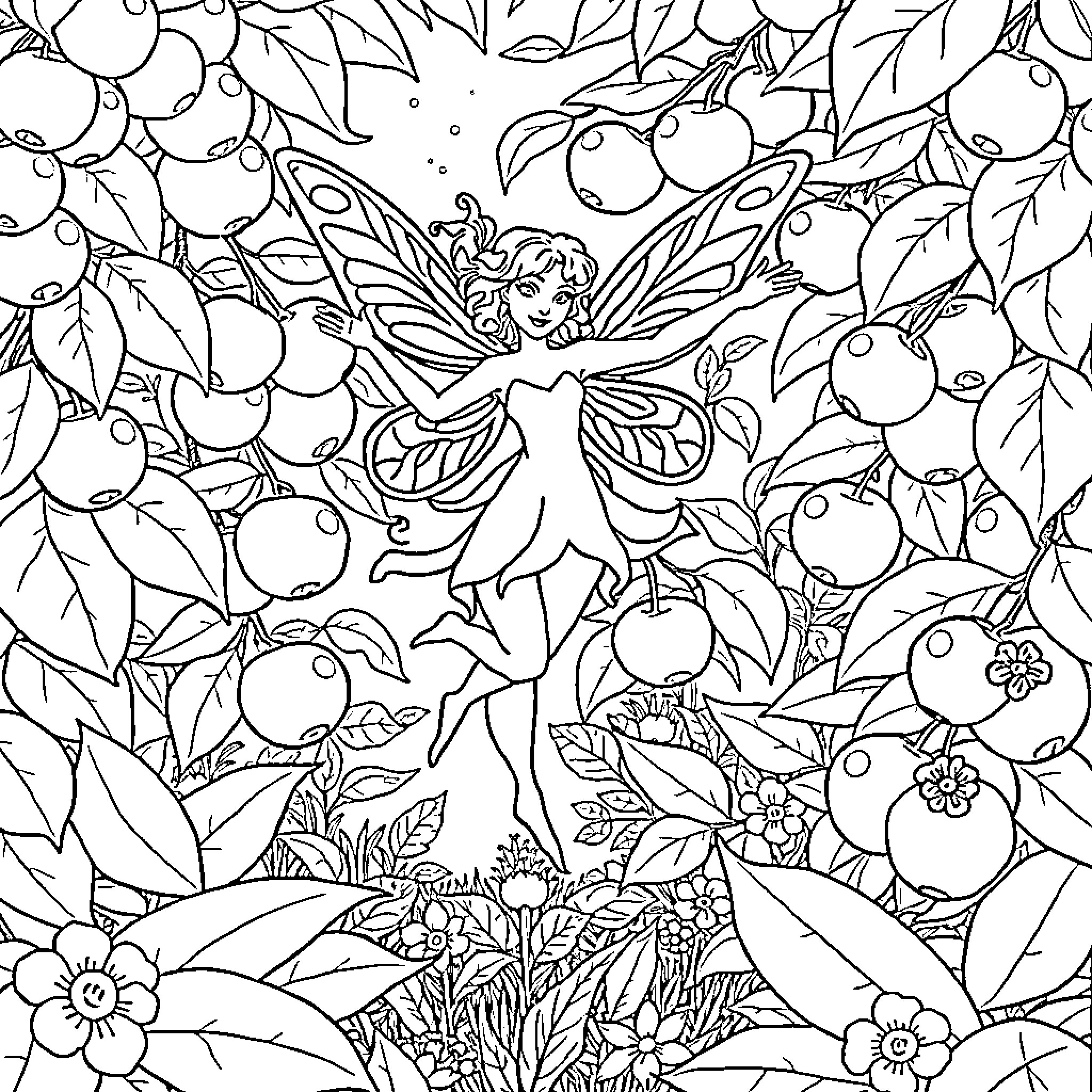 Plum Fairy amidst a floral wonderland Coloring Page (free black-and-white line drawing printable PDF for all, from beginners to advanced learners, including children, teens, adults, and seniors)