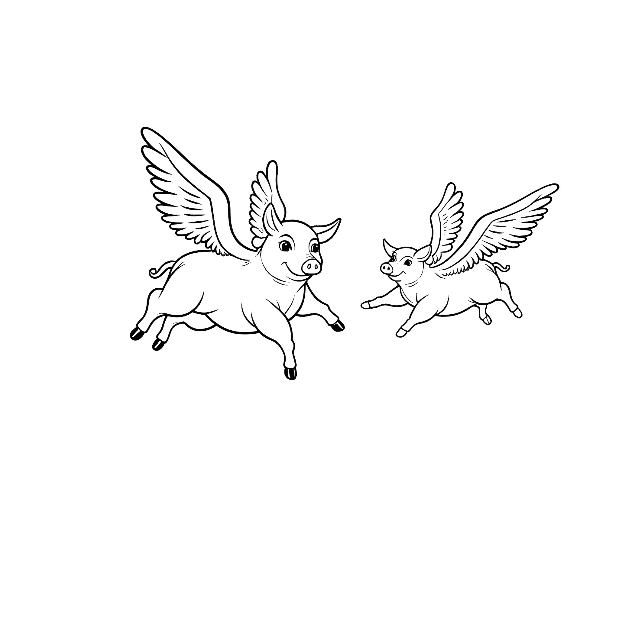 Flying Pigs soaring through the sky Coloring Page (free black-and-white line drawing printable PDF for all, from beginners to advanced learners, including children, teens, adults, and seniors)