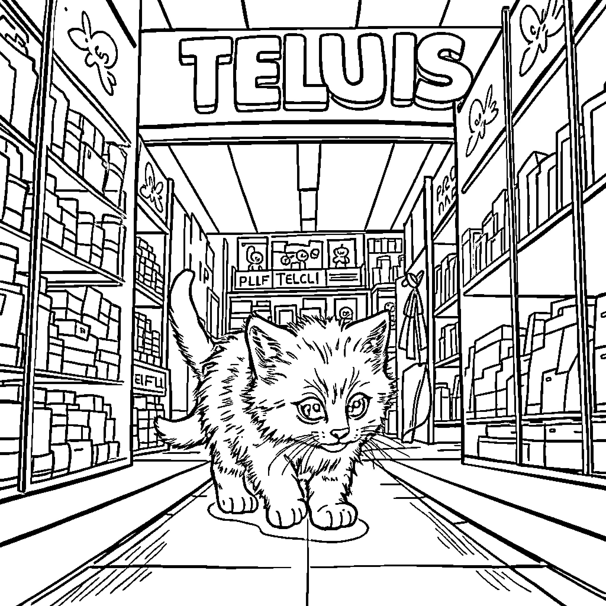 Kitten exploring a busy store aisle Coloring Page (free black-and-white line drawing printable PDF for all, from beginners to advanced learners, including children, teens, adults, and seniors)