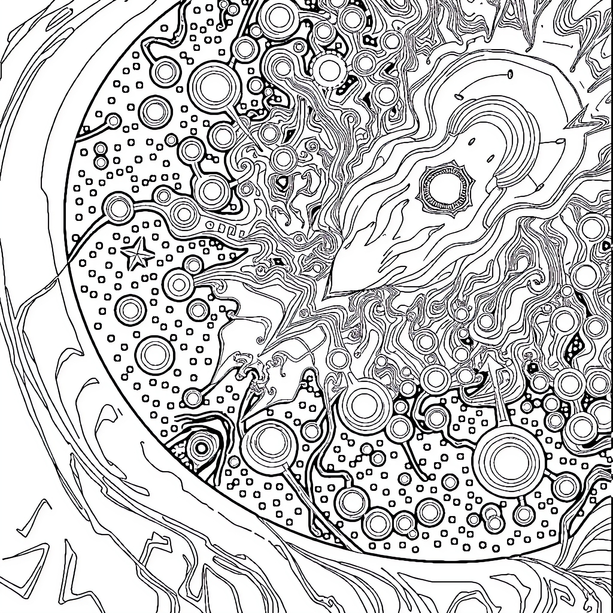 Electromagnetic Geometric Patterns and Shapes Coloring Page (free black-and-white line drawing printable PDF for all, from beginners to advanced learners, including children, teens, adults, and seniors)