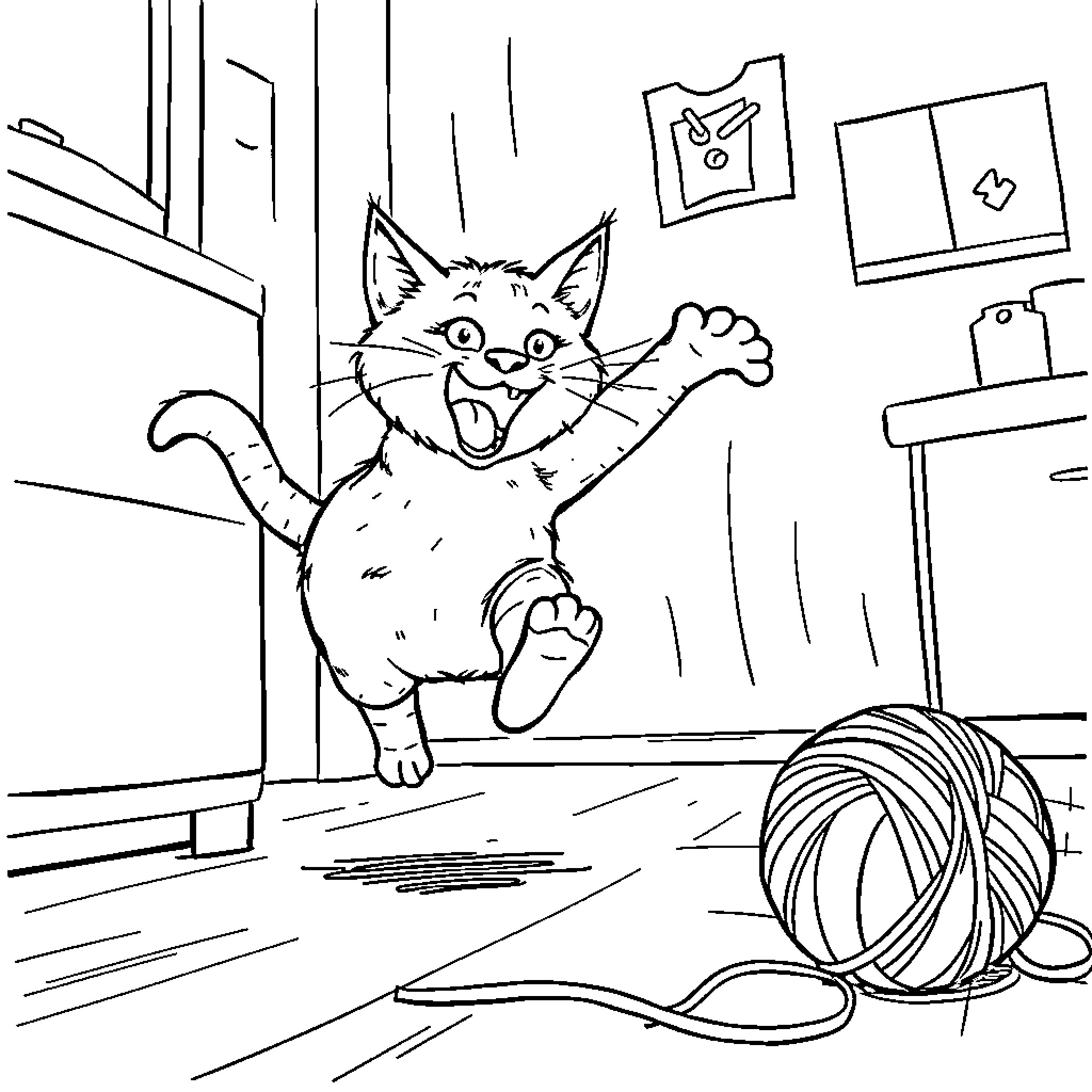 Cat playing with yarn in a room Coloring Page (free black-and-white line drawing printable PDF for all, from beginners to advanced learners, including children, teens, adults, and seniors)