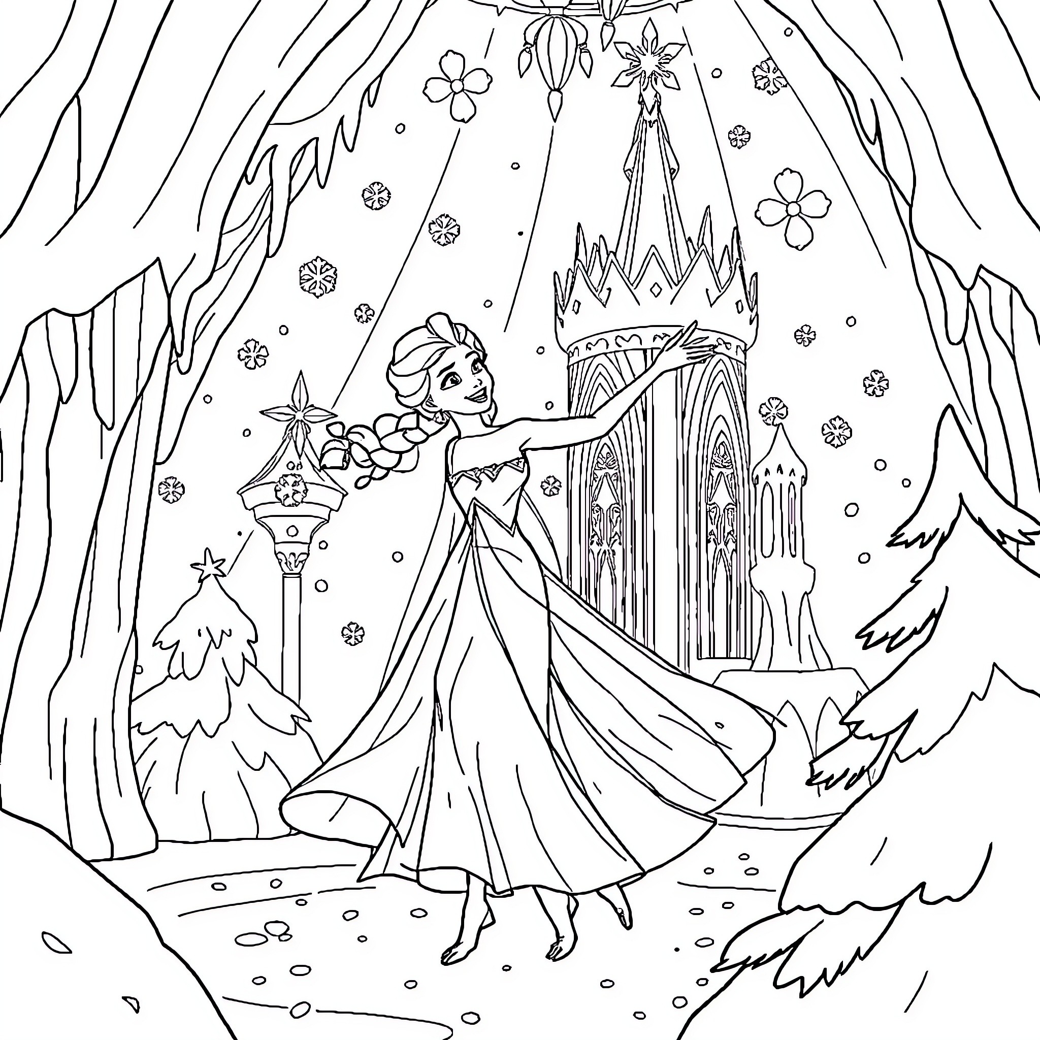 Elsa's Magical Winter Adventure Coloring Page (free black-and-white line drawing printable PDF for all, from beginners to advanced learners, including children, teens, adults, and seniors)