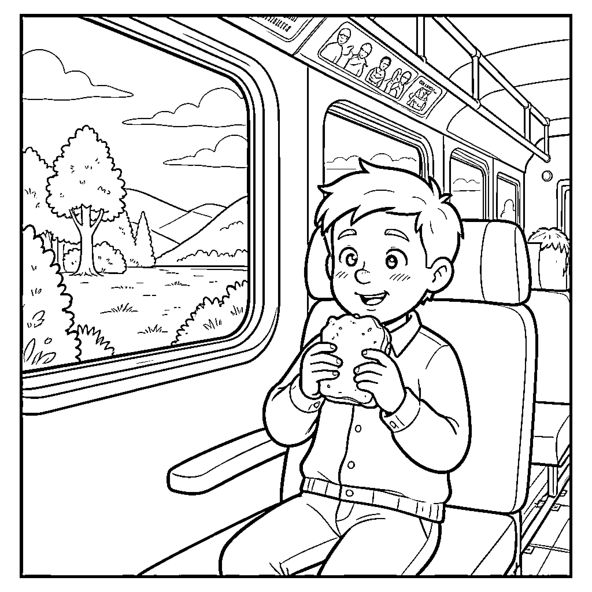 Timoté eating a sandwich while sitting on a train Coloring Page (free black-and-white line drawing printable PDF for all, from beginners to advanced learners, including children, teens, adults, and seniors)